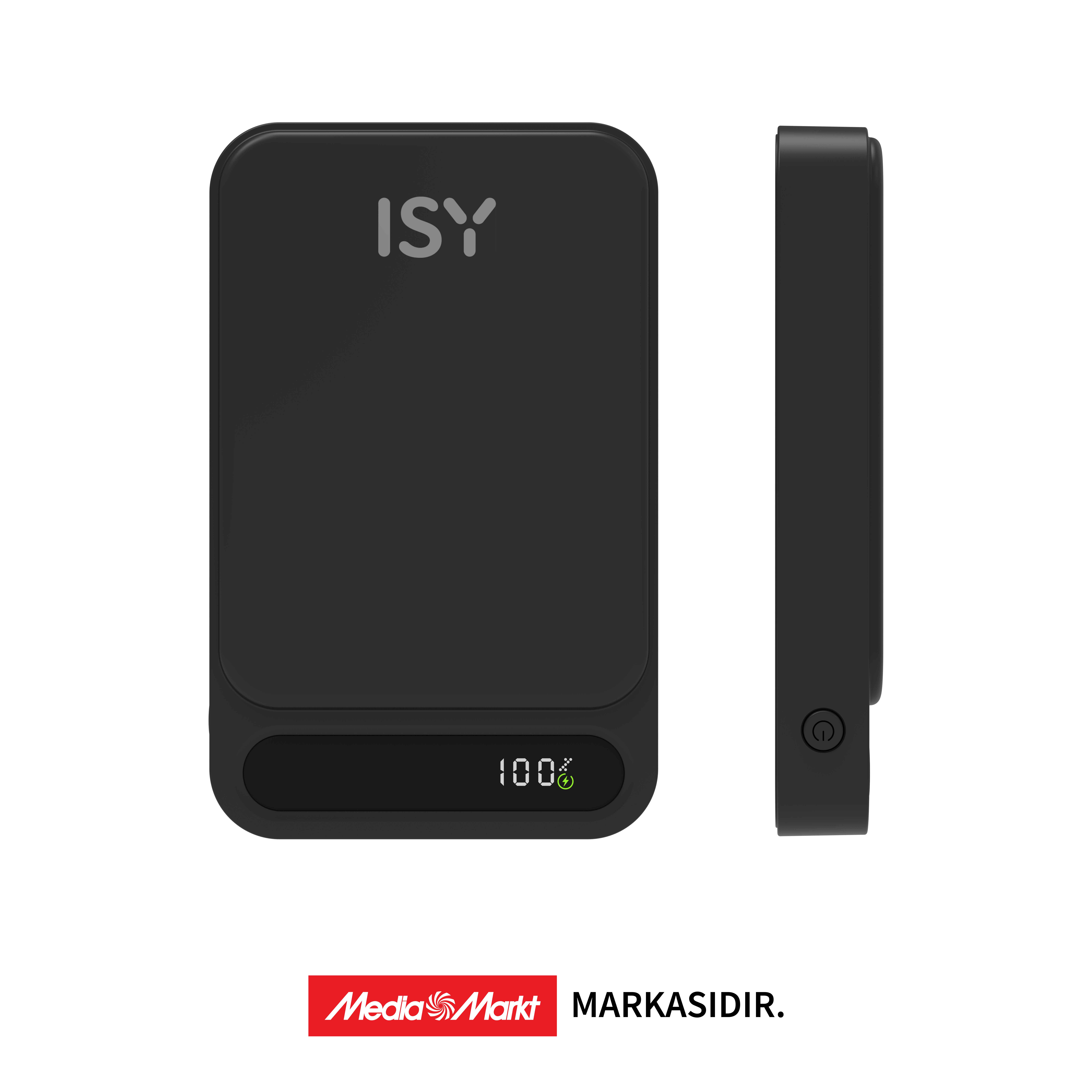 Siyah ISY powerbank, %100 göstergeli ve güç düğmesi simgeli.
