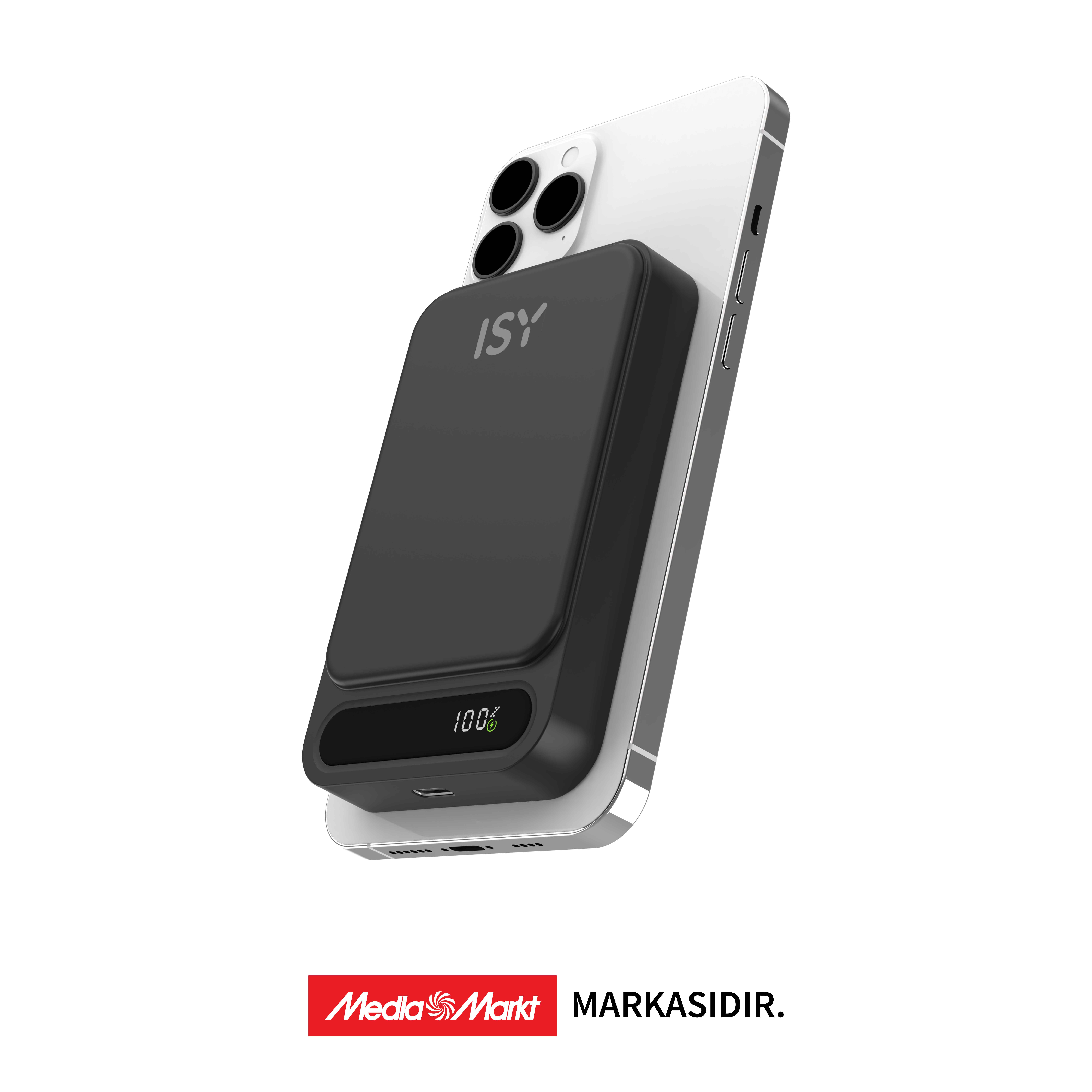 Siyah bir ISY powerbank, beyaz bir akıllı telefonun arkasına takılıdır.