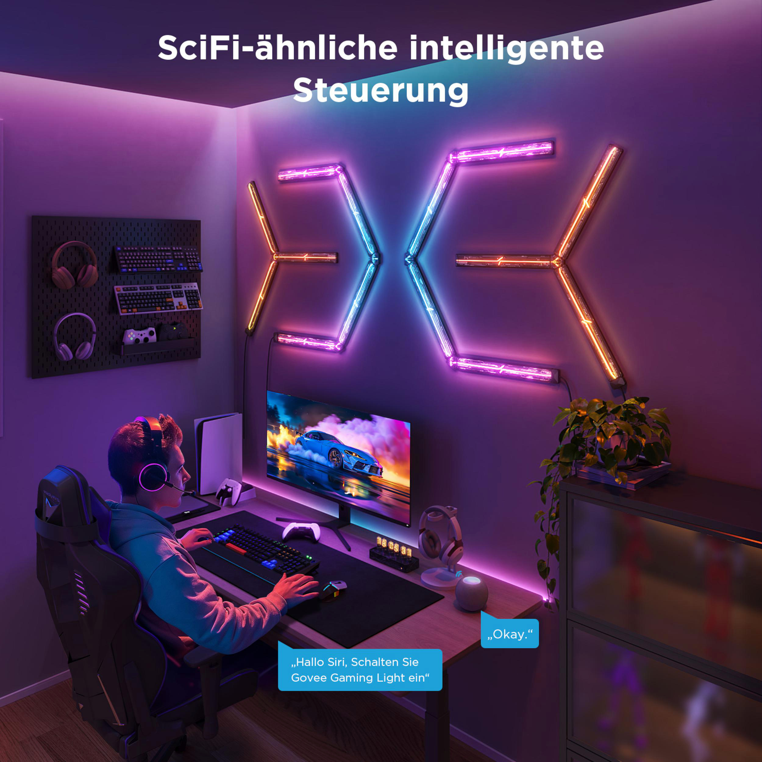 Ein Gamer sitzt am Schreibtisch, umgeben von bunten Lichtern und Gaming-Ausrüstung.