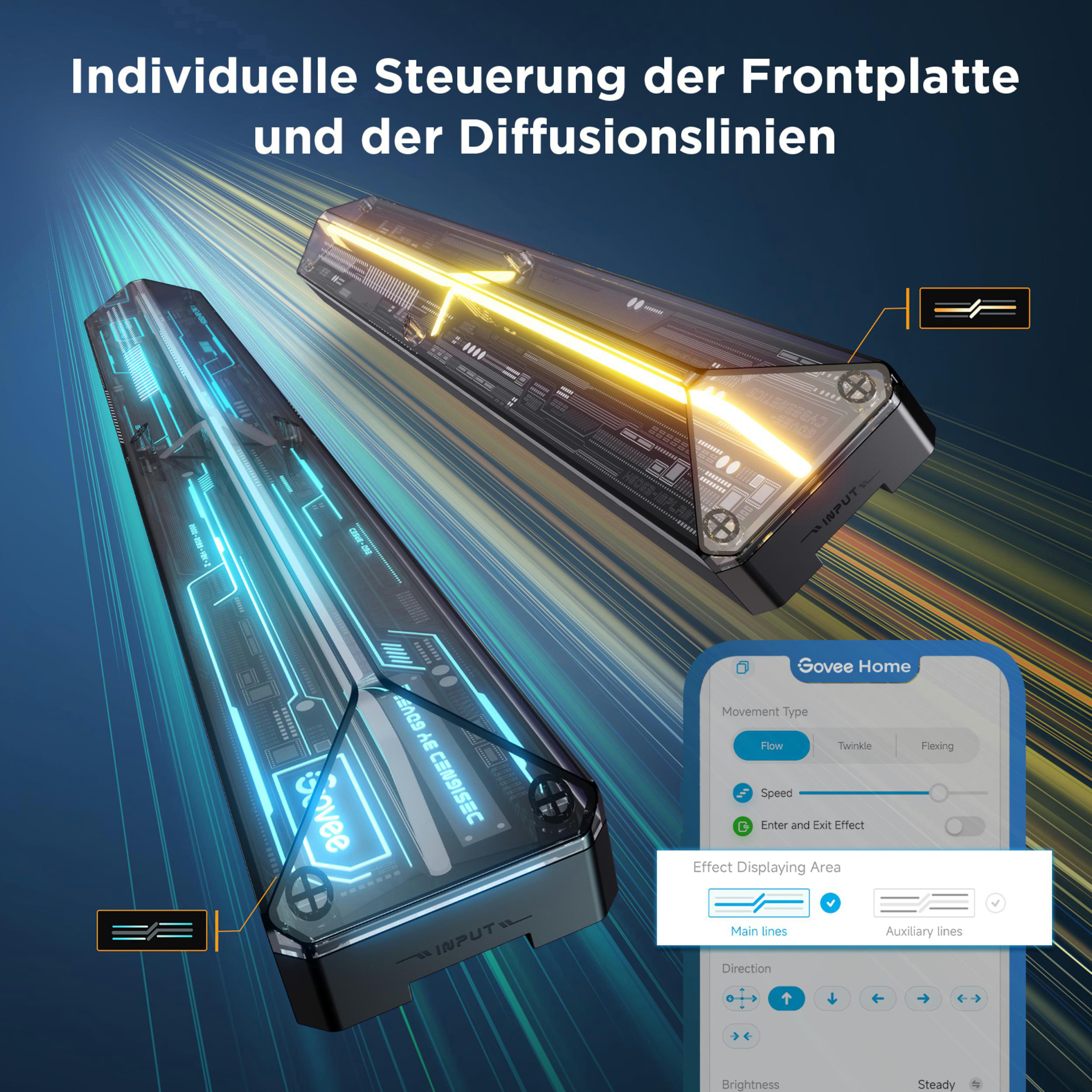 Zwei futuristische Lichter mit blauen und gelben LEDs, daneben eine App-Oberfläche.