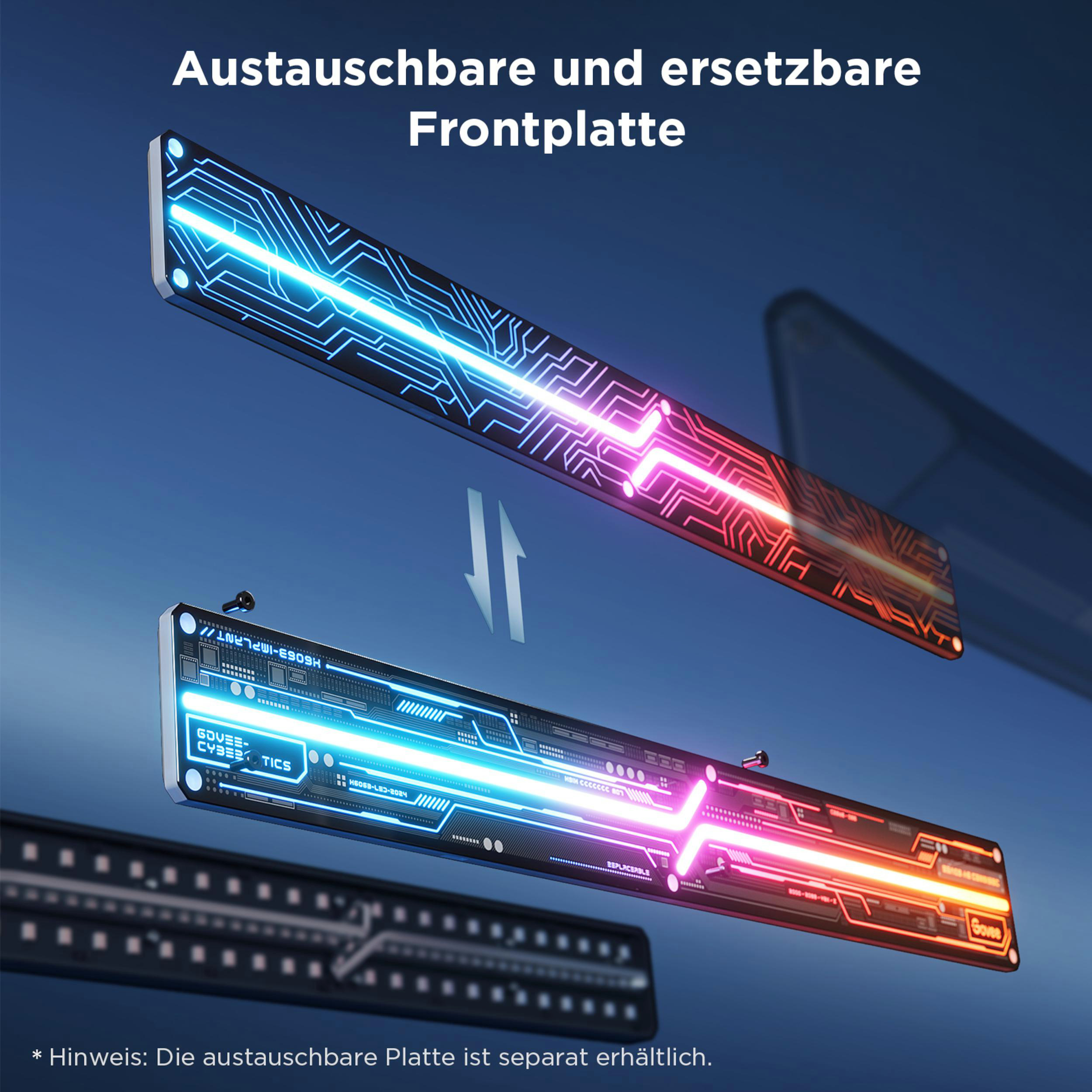 Zwei austauschbare Frontplatten mit Leiterbahnen, blau und rot leuchtend.