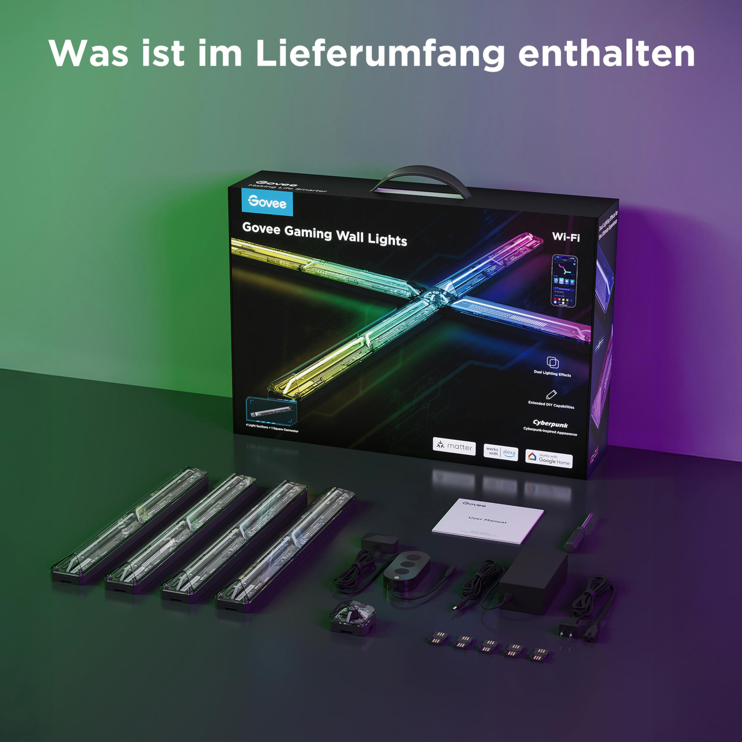 Govee Gaming Wandleuchten, Netzteil, Kabel, Steuerung und Anleitung.