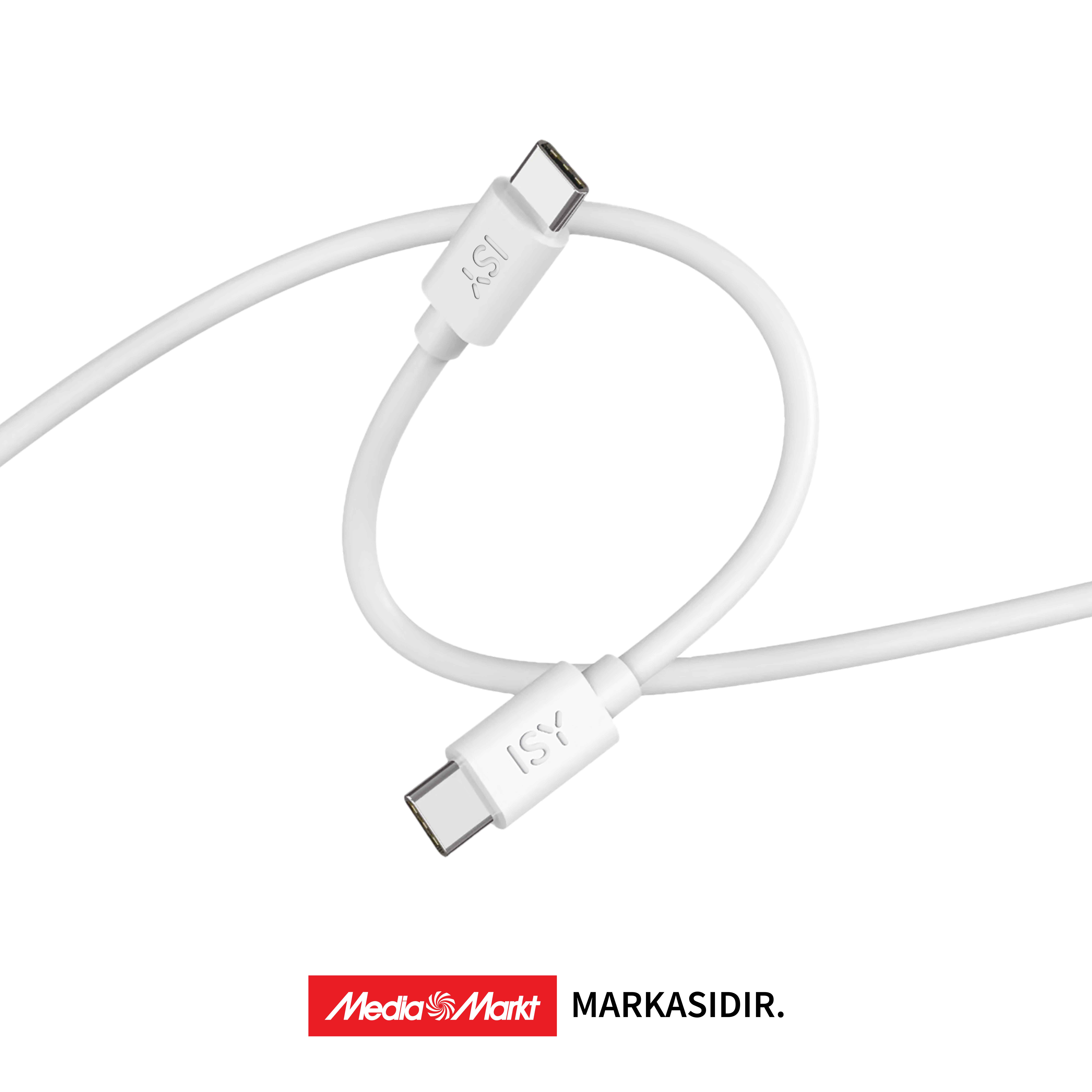 Beyaz arka plan üzerinde ISY logolu beyaz USB-C kablosu.