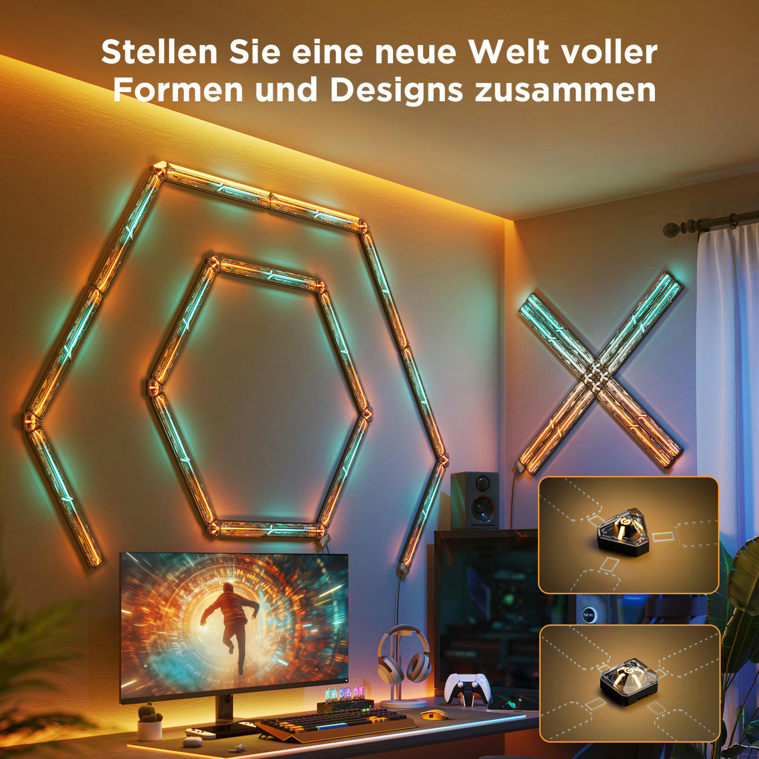 Ein Schreibtisch mit einem Monitor, Tastatur, Maus und Kopfhörern. Wandbeleuchtung in Blau und Orange.