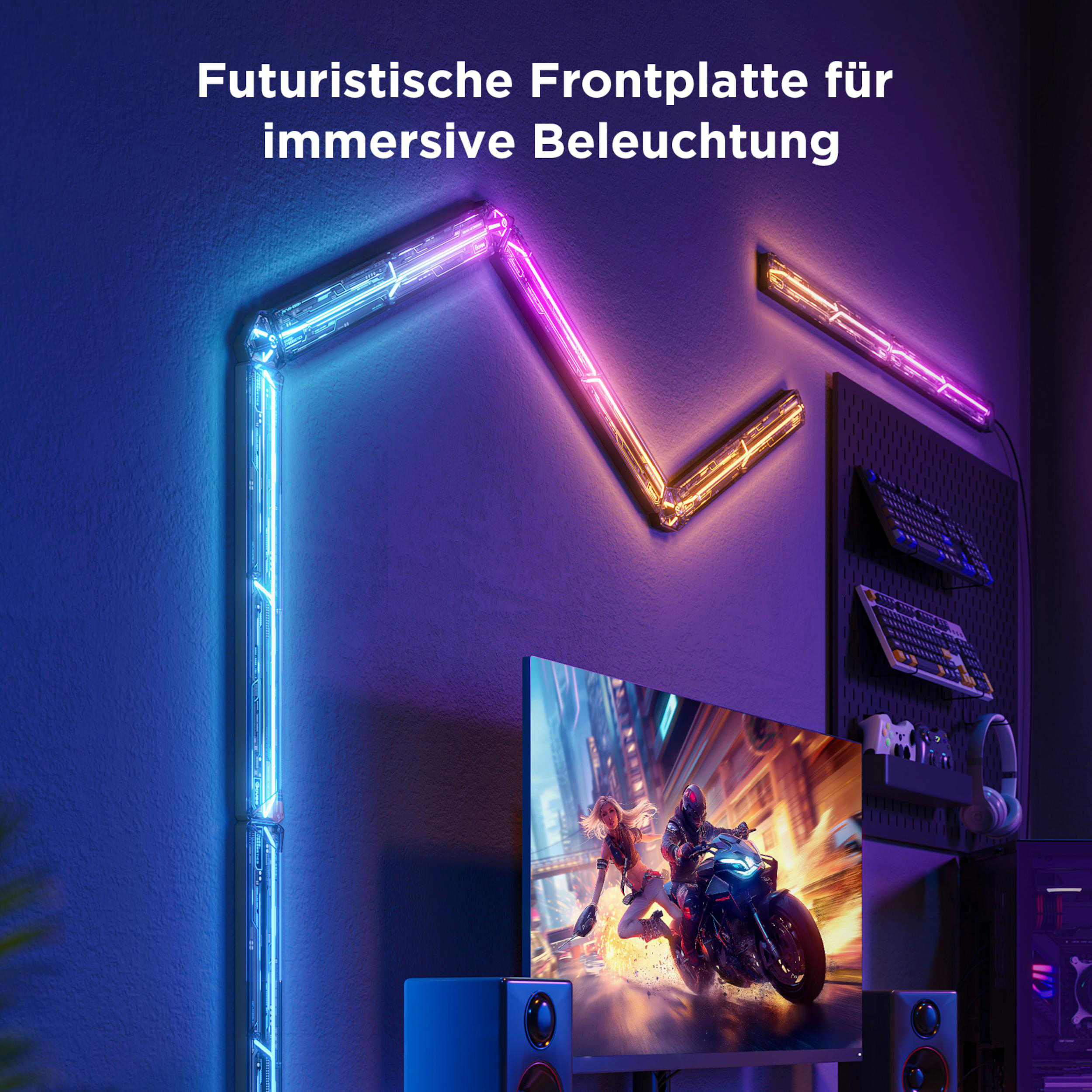 Gaming-Setup mit neonfarbener Beleuchtung, Monitor mit Spielszene, Tastaturen und Kopfhörern.