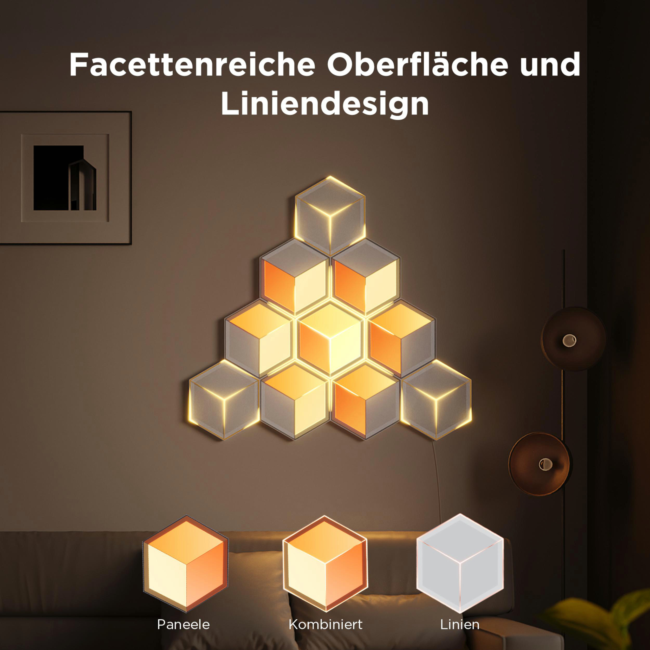 Sechsseitige Leuchtelemente in Dreiecksform mit warmem Licht auf einer Wand.