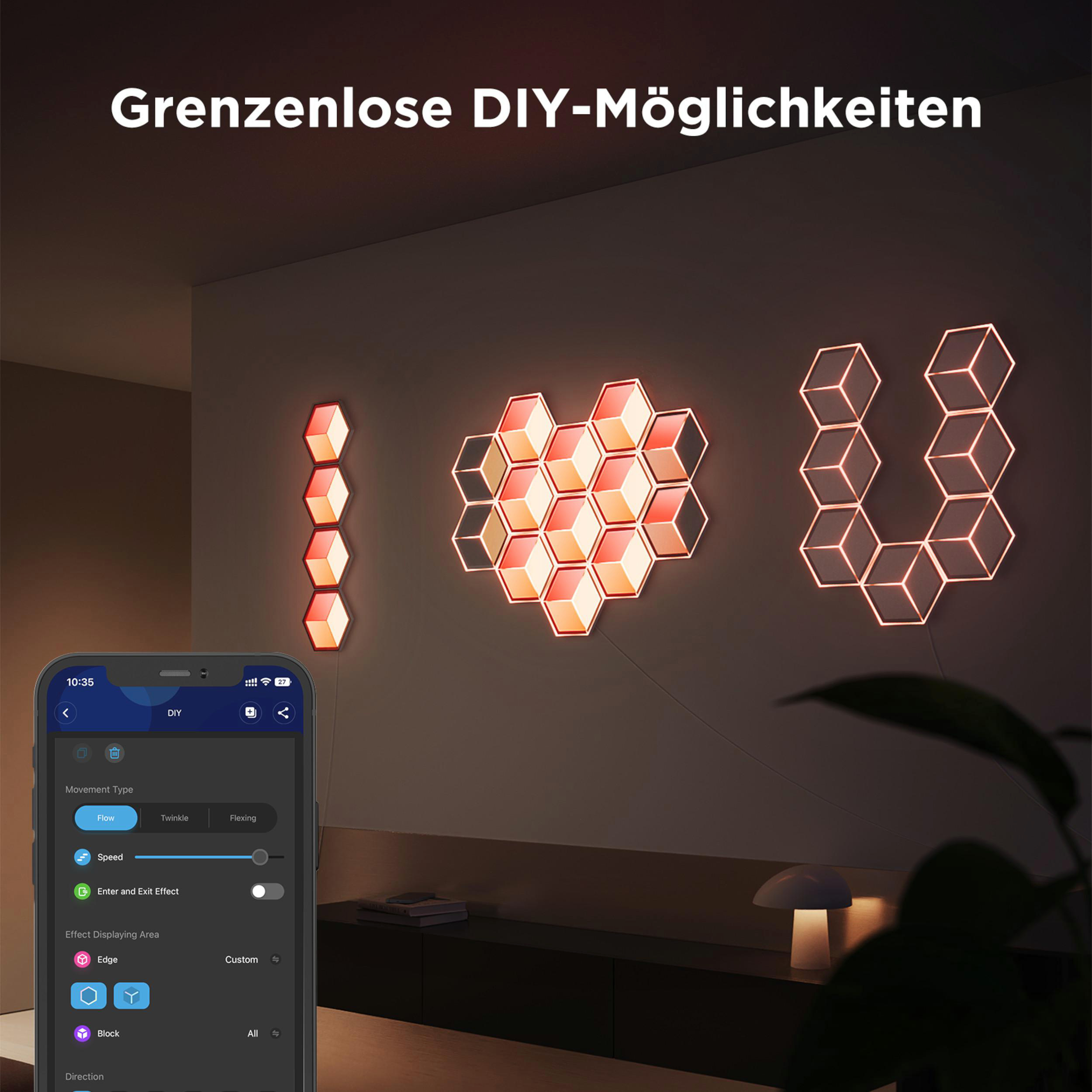 Leuchtende Wandpaneele in Form von I, Herz und U, gesteuert per App.