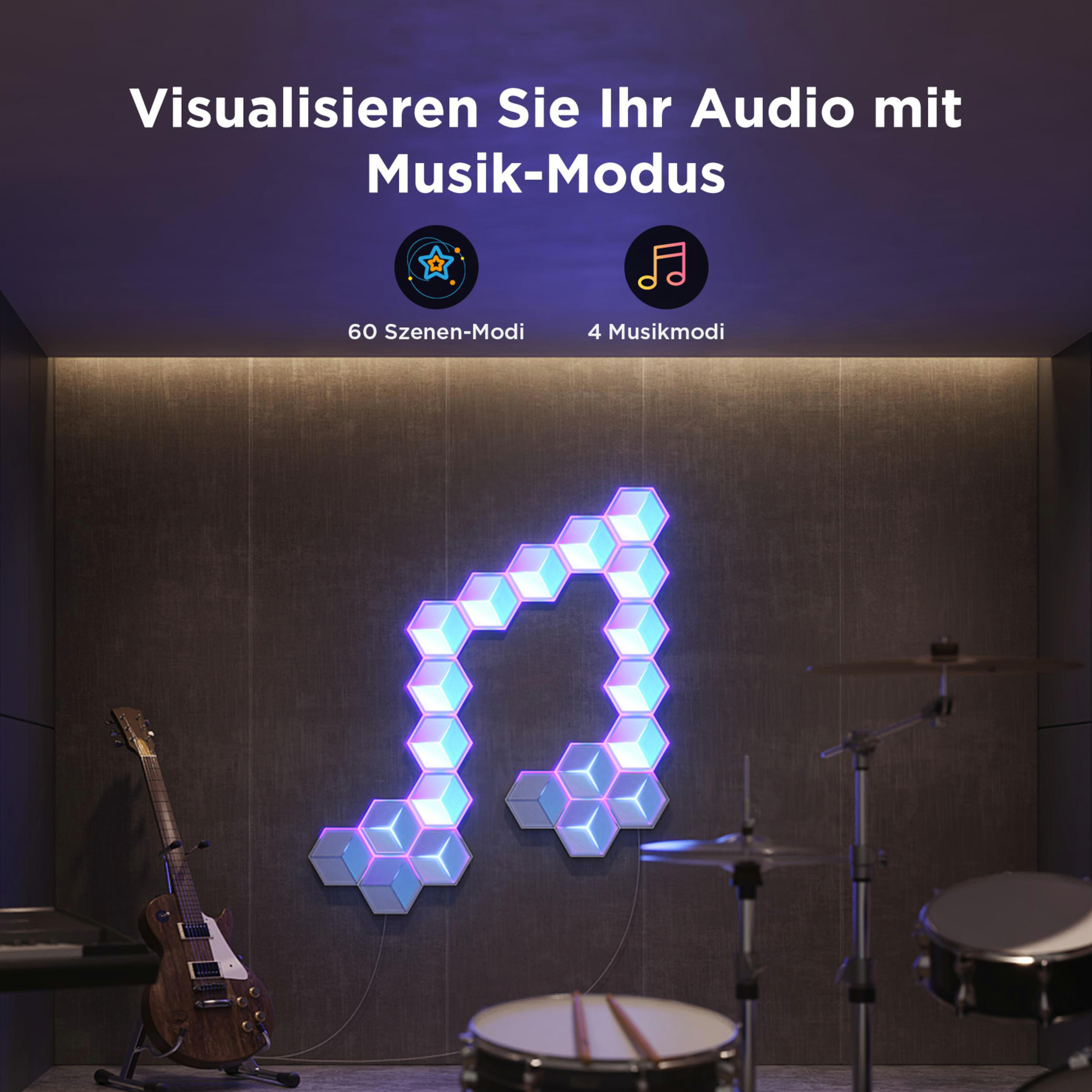 Ein Musikstudio mit Gitarre, Schlagzeug und einer leuchtenden Notenwand.