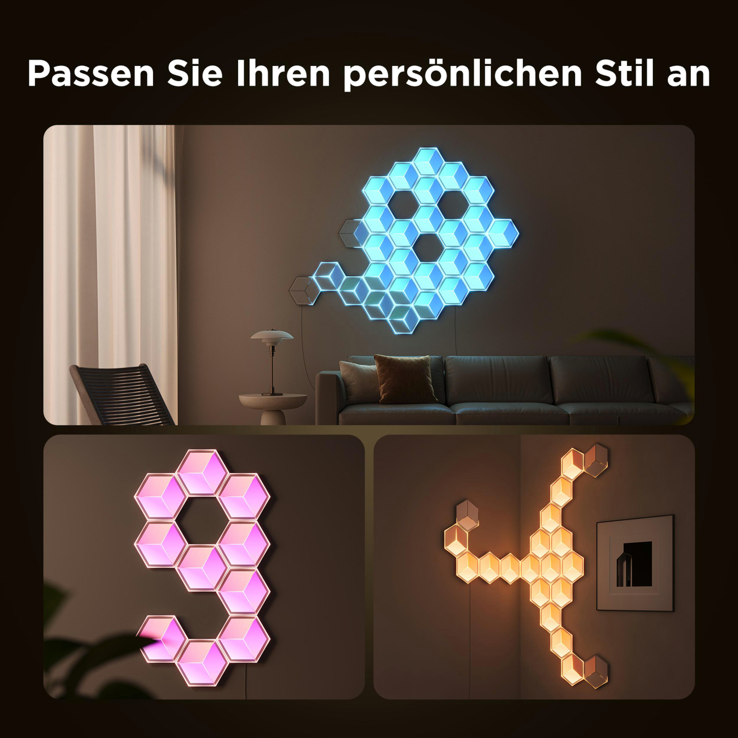 Modulare Wandleuchten in Blau, Pink und Orange auf dunklem Hintergrund.