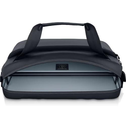 Schwarze Laptoptasche mit offenem Reißverschluss, die ein graues Fach zeigt.