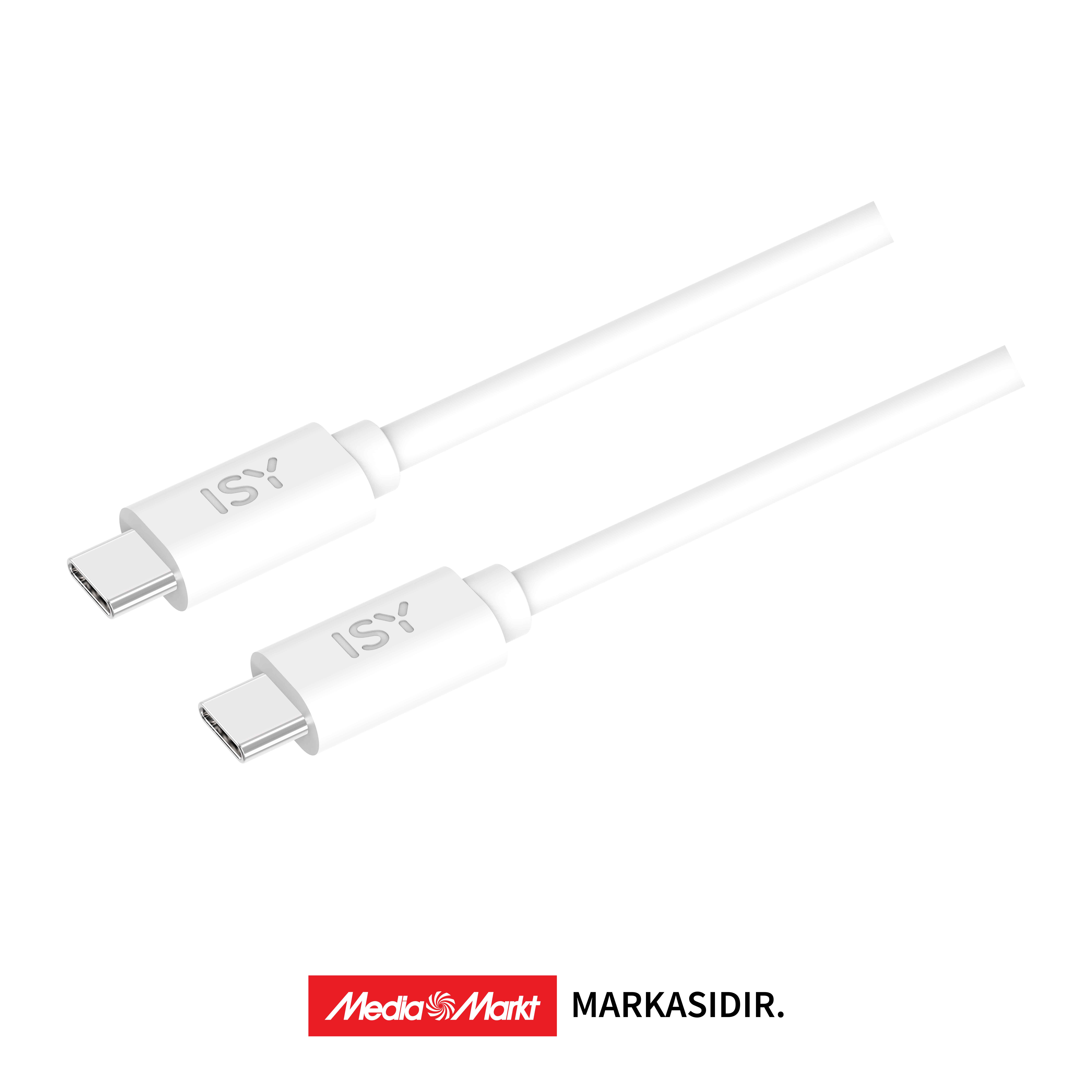 Beyaz arka plan üzerinde ISY logolu iki beyaz USB-C kablosu.
