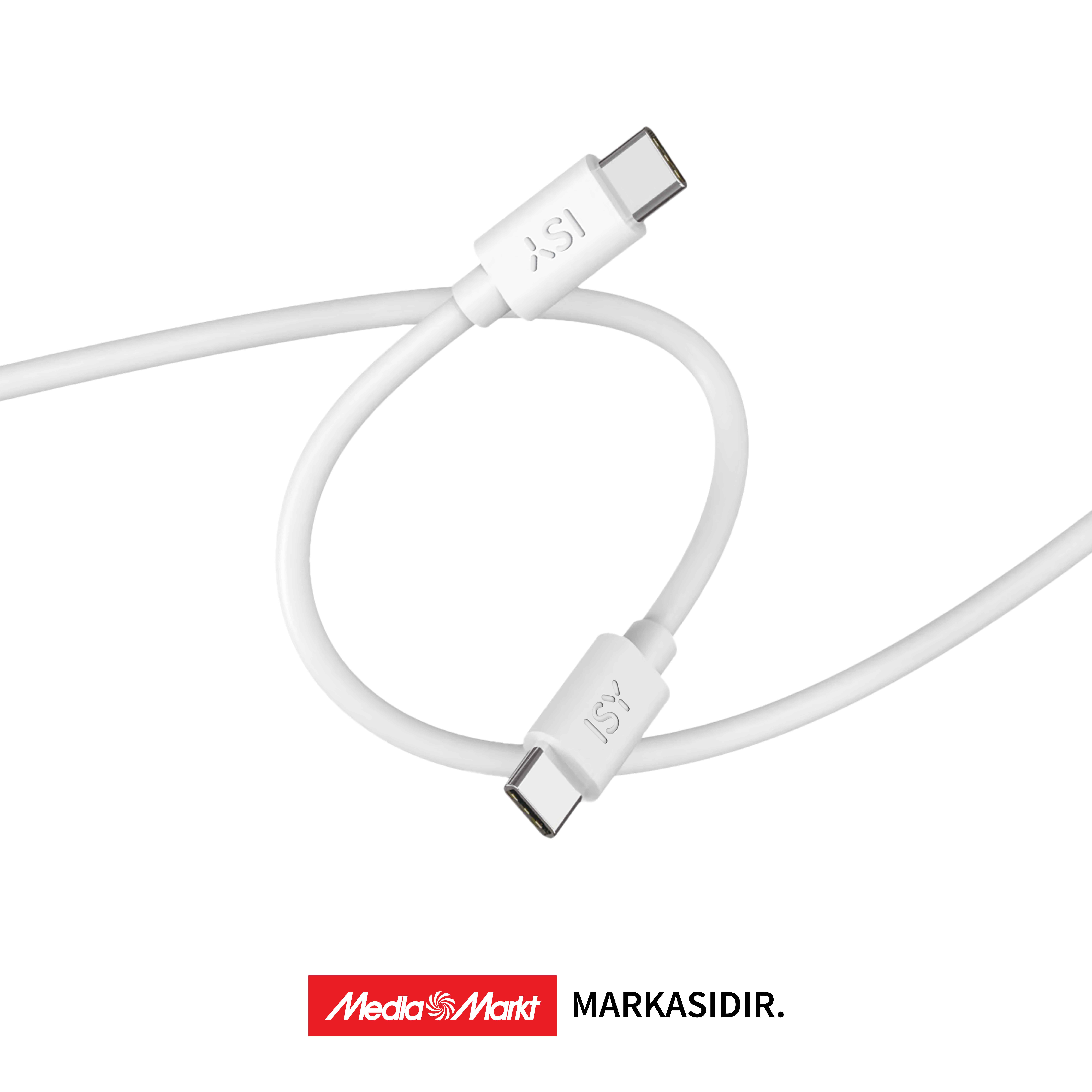 Beyaz arka plan üzerinde ISY logolu iki beyaz USB-C kablosu.