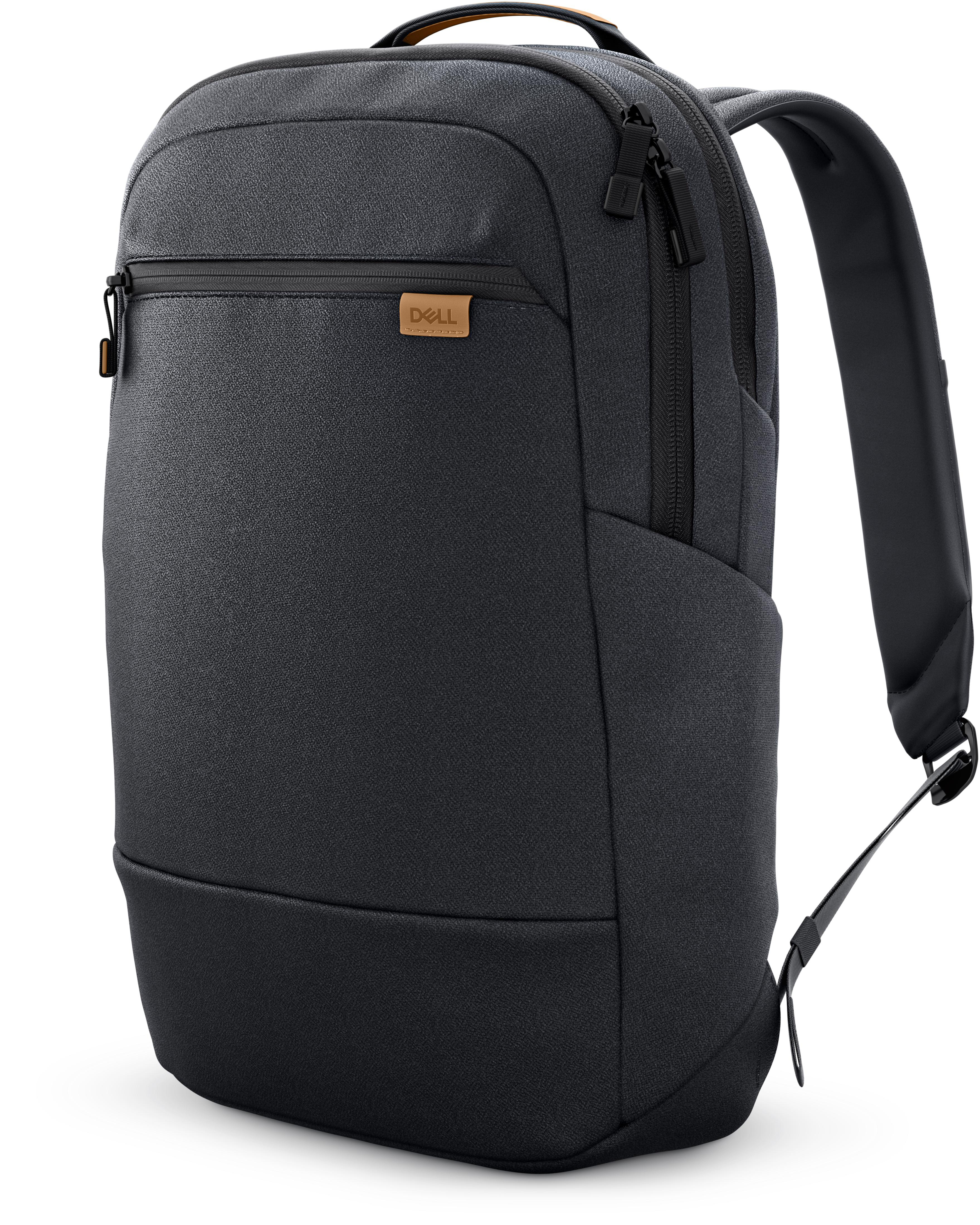 Ein schwarzer Dell-Rucksack mit braunem Lederlogo, Reißverschlüssen und Trägern.