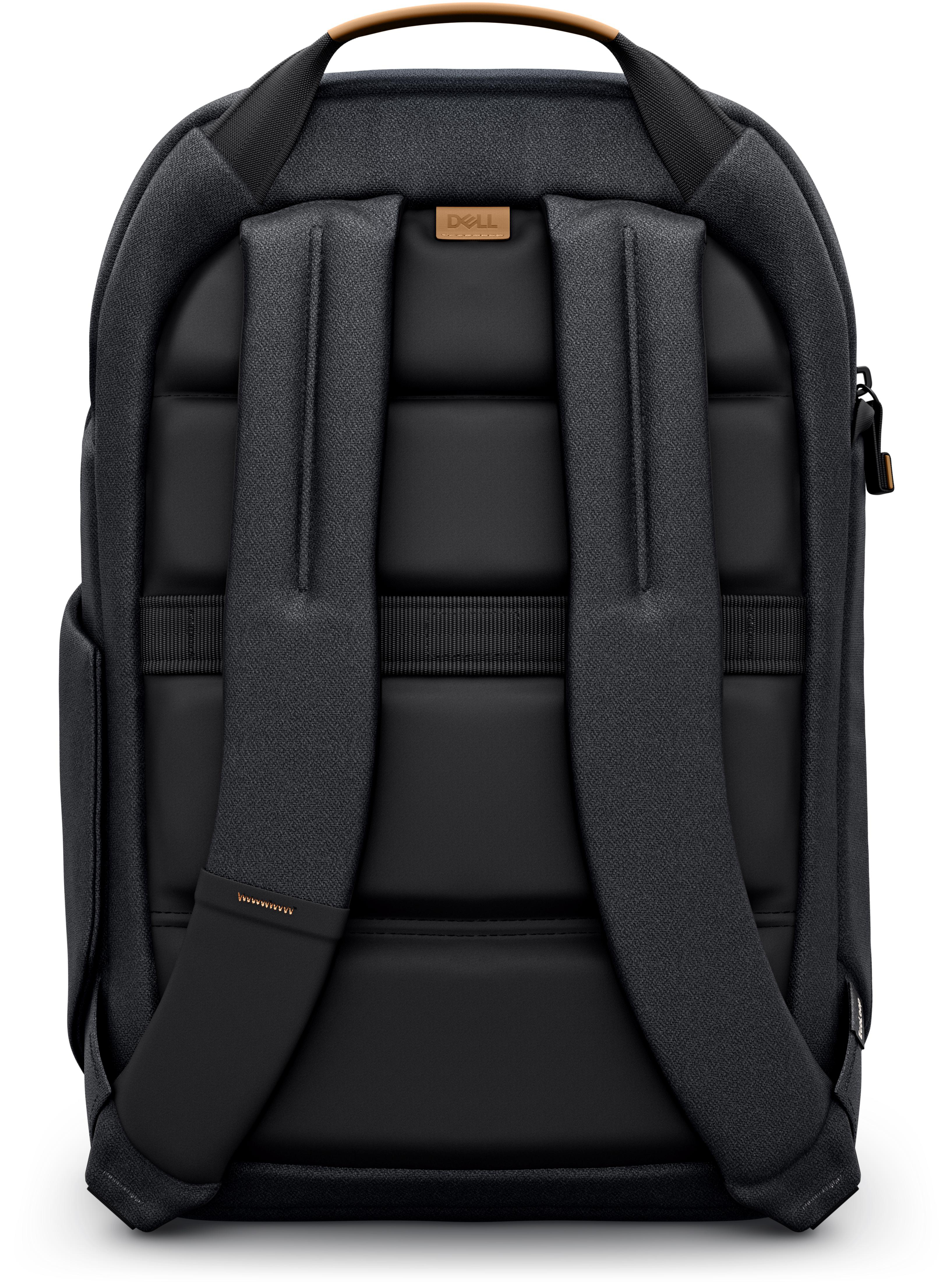 Dunkelgrauer Rucksack mit gepolstertem Rücken, Leder-Henkel und Dell-Logo.