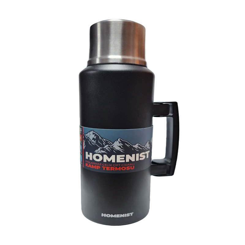 Gümüş kapaklı, siyah saplı, dağ etiketli siyah termos. Homenist logosu.
