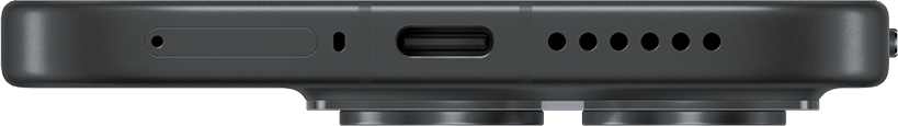 Sötét okostelefon alsó része USB-C porttal, mikrofonnal és hangszórórácsokkal.