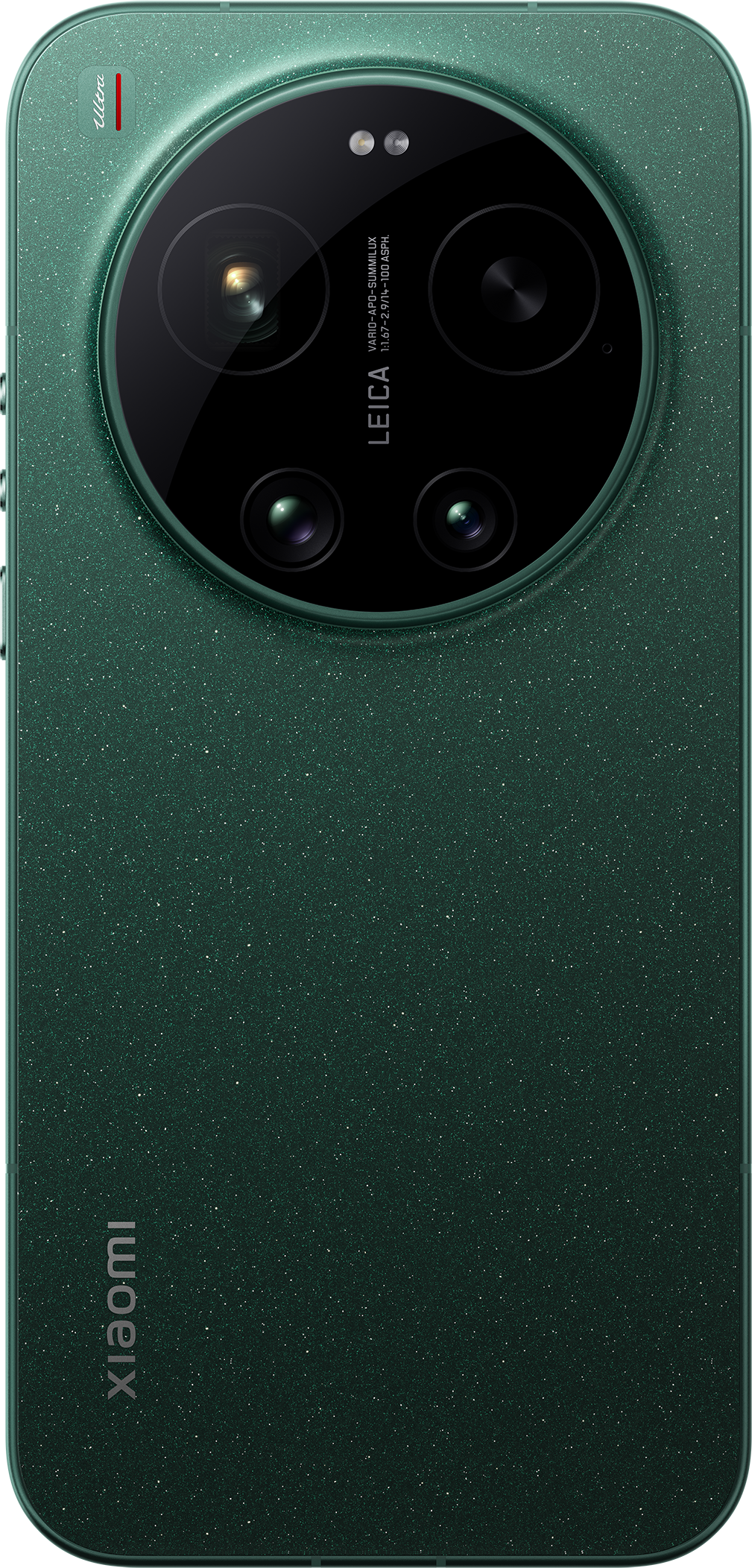 Sötétzöld telefon csillogó hátlappal és Leica kamerával.