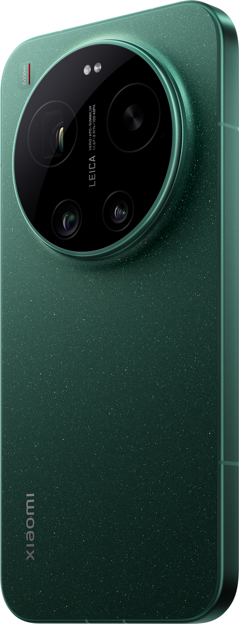 Sötétzöld Xiaomi okostelefon pettyes hátlappal és Leica kamerával.