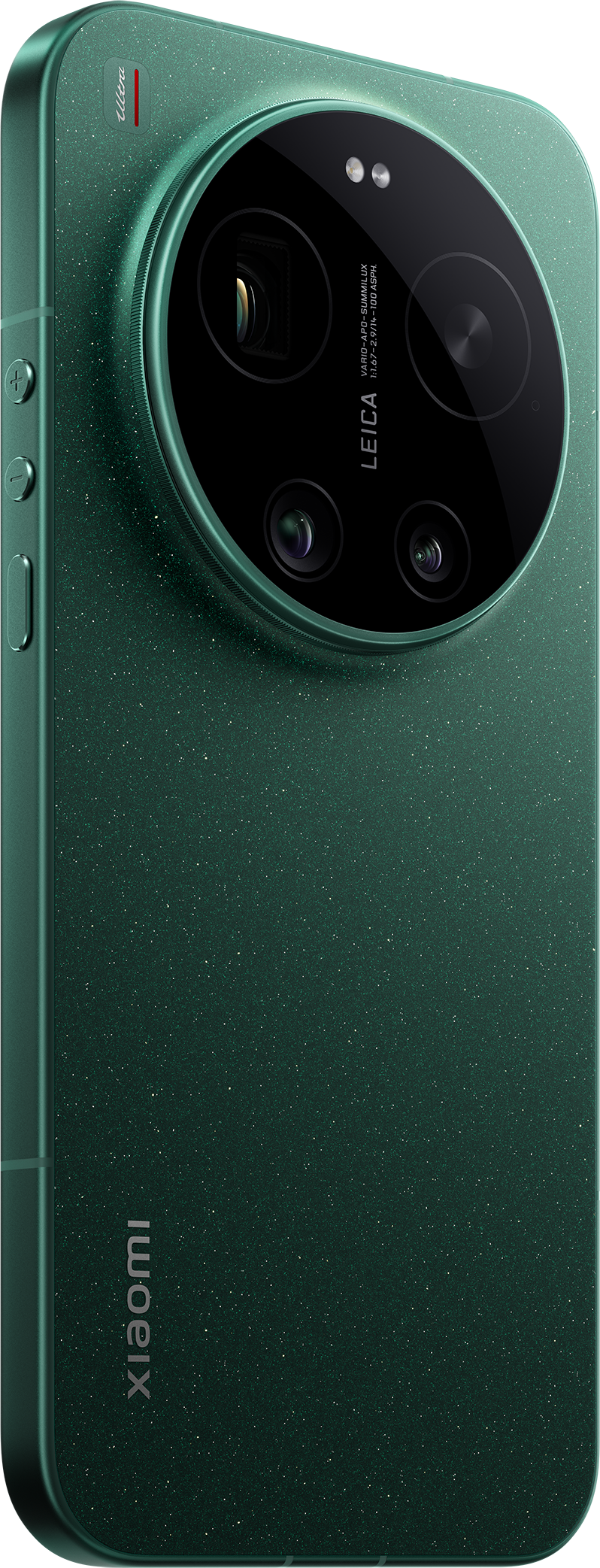 Zöld Xiaomi okostelefon pettyes háttal és Leica kamera modullal.