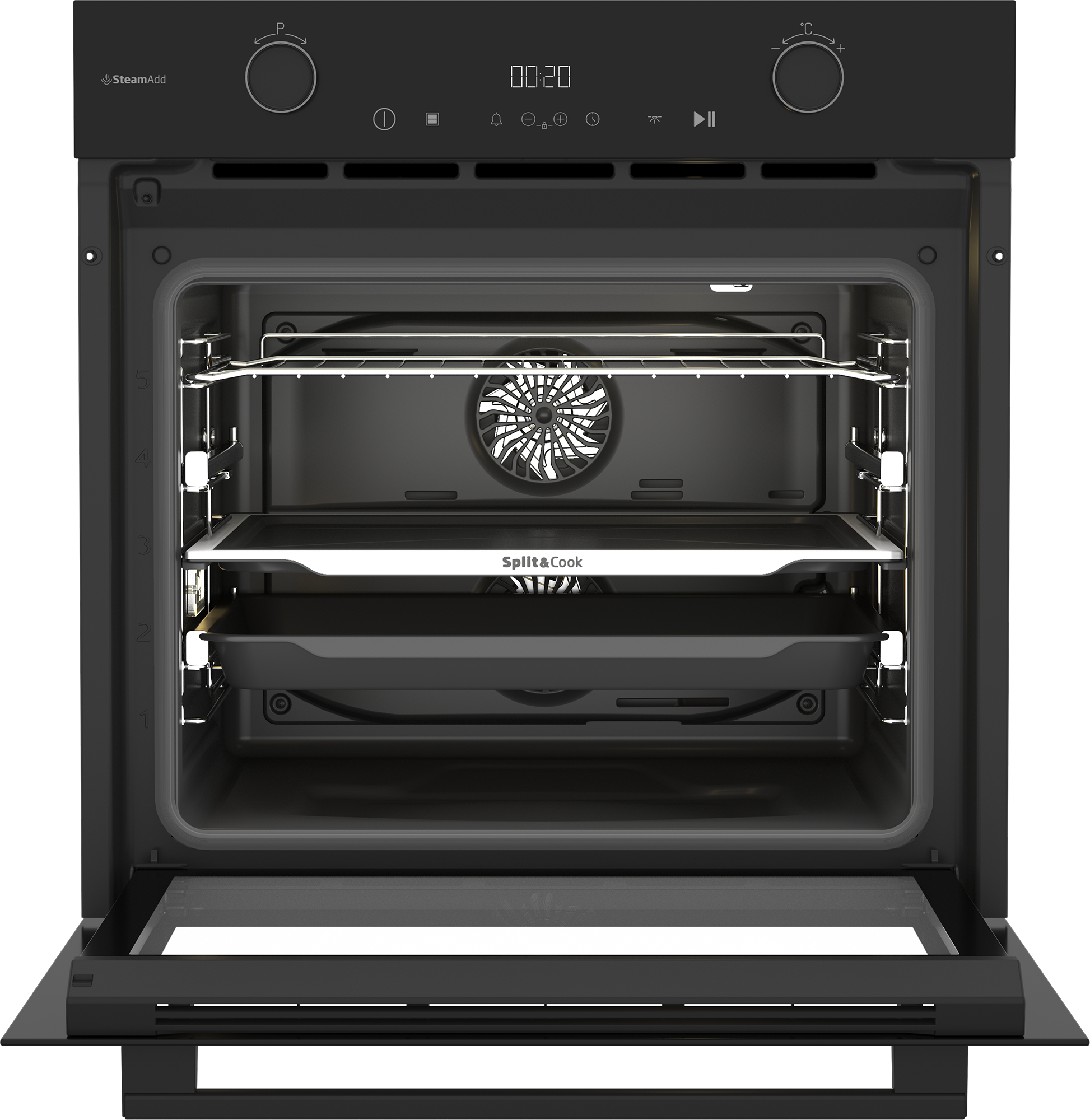 Nowoczesny czarny piekarnik do zabudowy z otwartymi drzwiami, widoczne wnętrze.