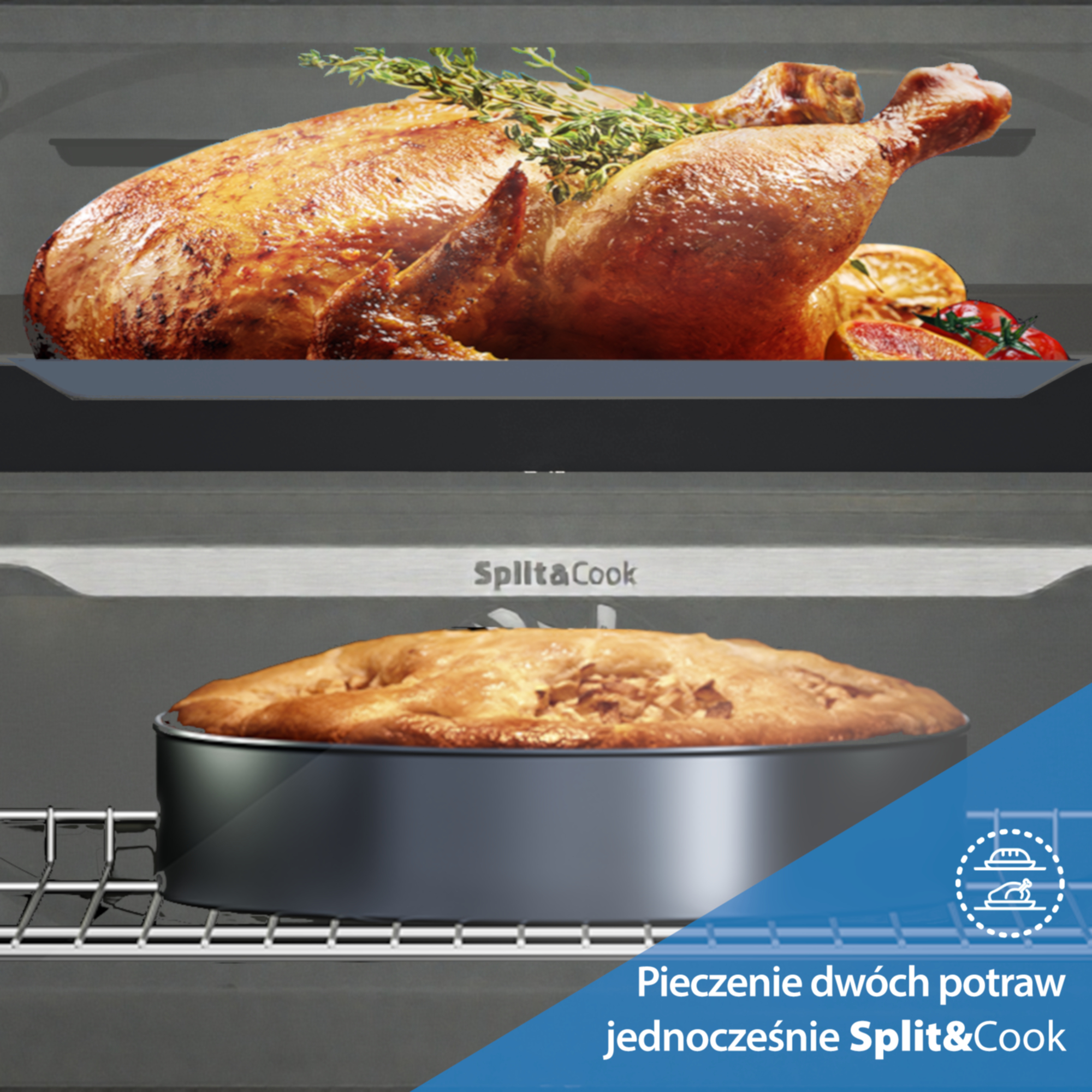 Pieczony kurczak z ziołami na górze, ciasto na dole w piekarniku.