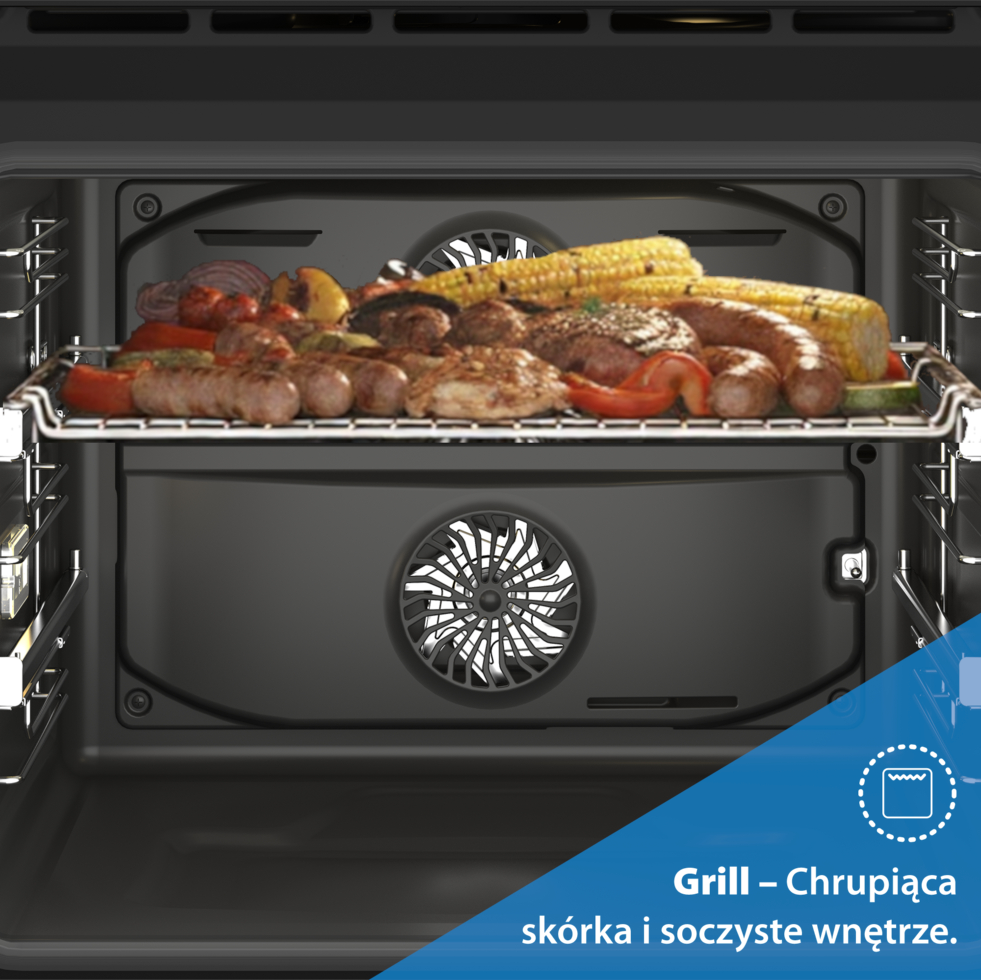 Mięso, kiełbaski i kolby kukurydzy grillują się na ruszcie w piekarniku.