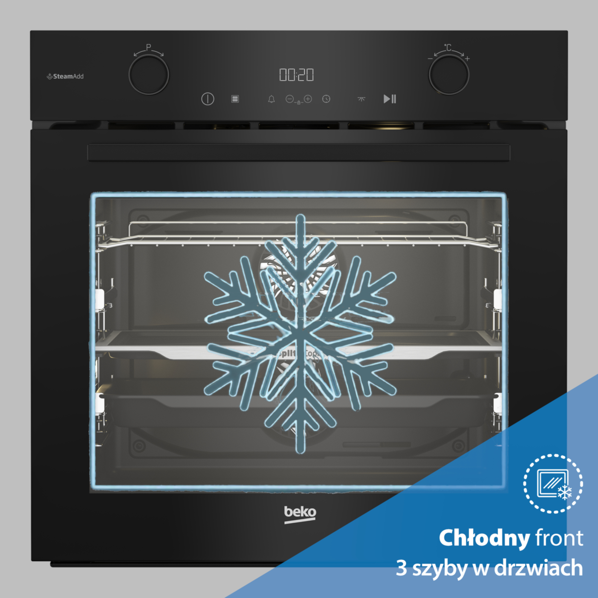 Czarny piekarnik ze stylizowaną ikoną płatka śniegu i napisem "Chłodny front 3 szyby w drzwiach".