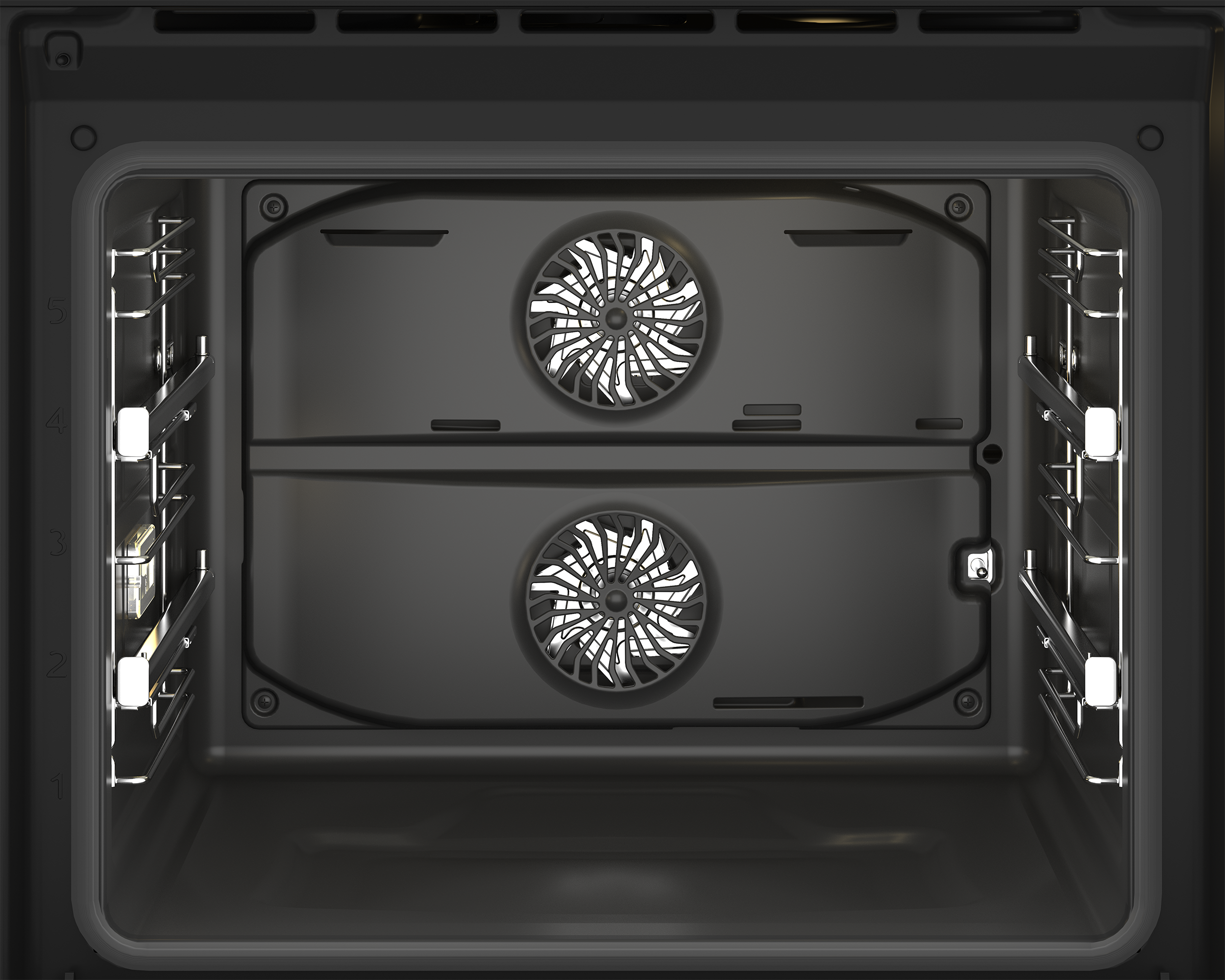 Wnętrze nowoczesnego piekarnika z dwoma wentylatorami i prowadnicami.