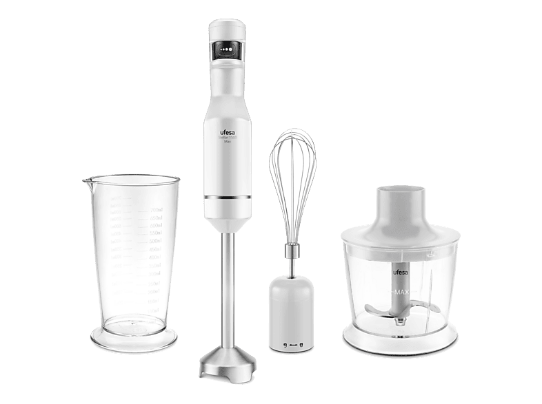 Batidora de mano - Ufesa Stellar 1500 Max, 1500W, Velocidad variable, 4 cuchillas, Pantalla Digital, Blanco/Inox