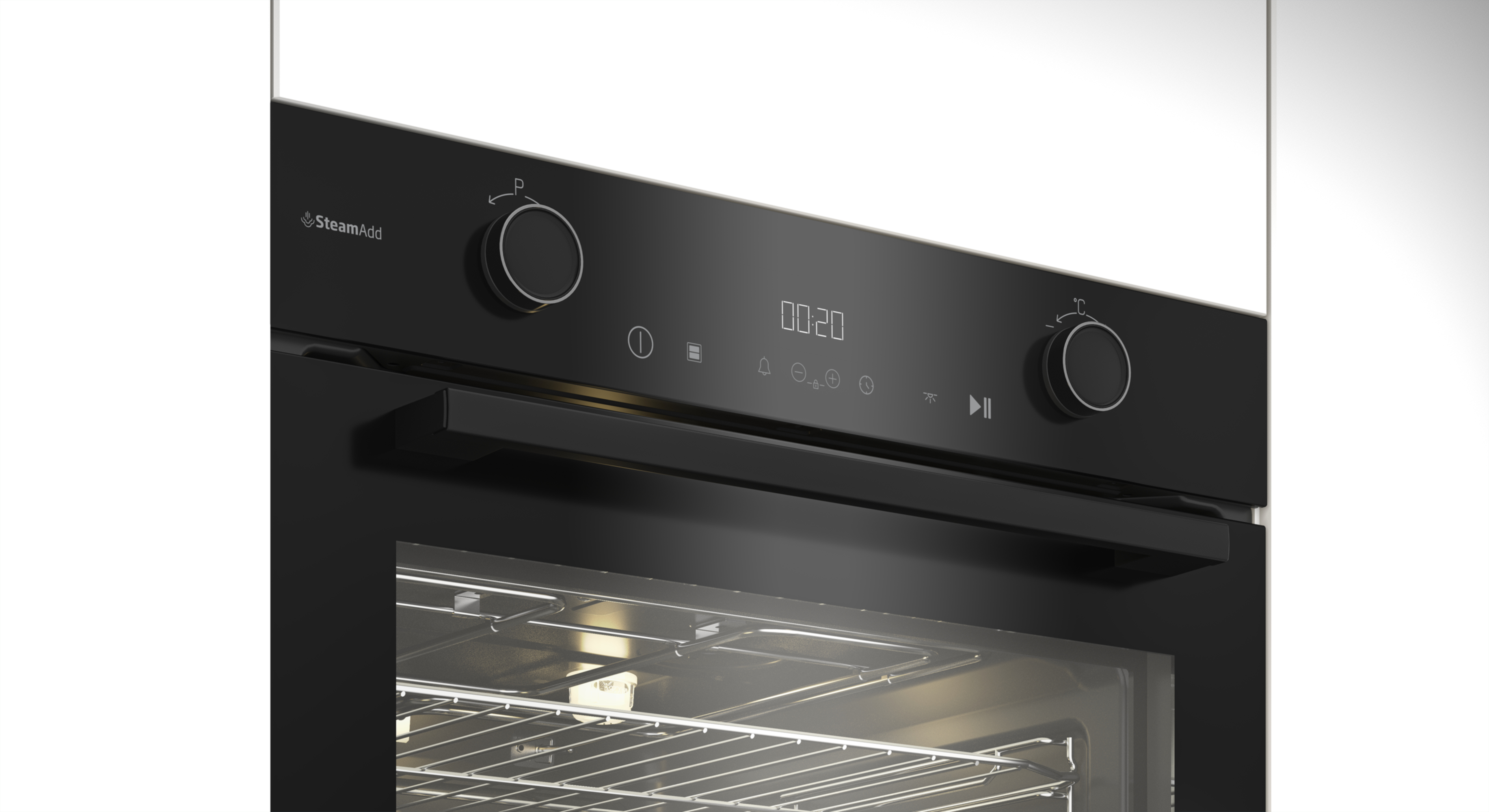 Zbliżenie czarnego piekarnika z cyfrowymi kontrolkami i uchwytem, widać ruszty w środku.