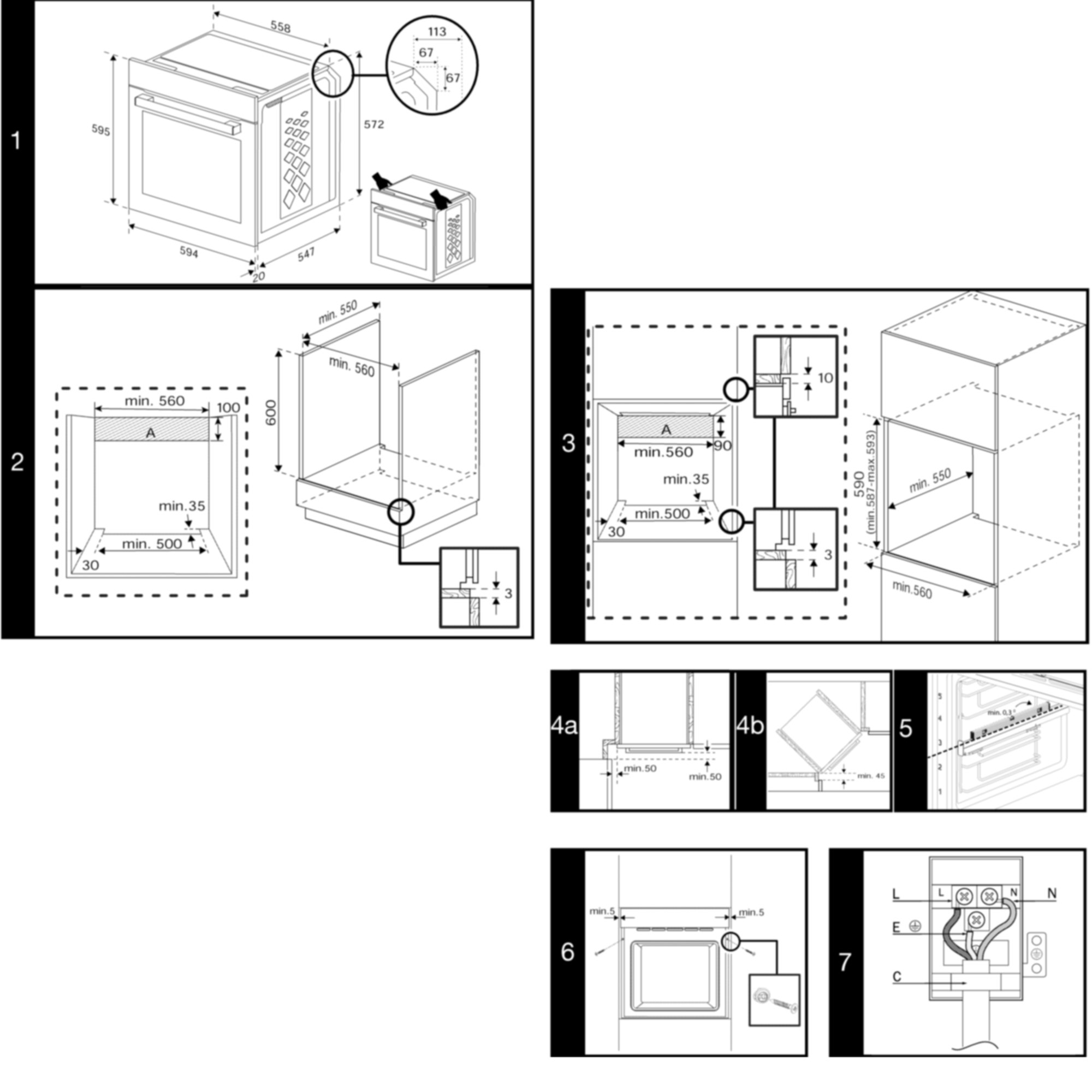 Rysunek instalacyjny piekarnika do zabudowy z wymiarami i detalami.