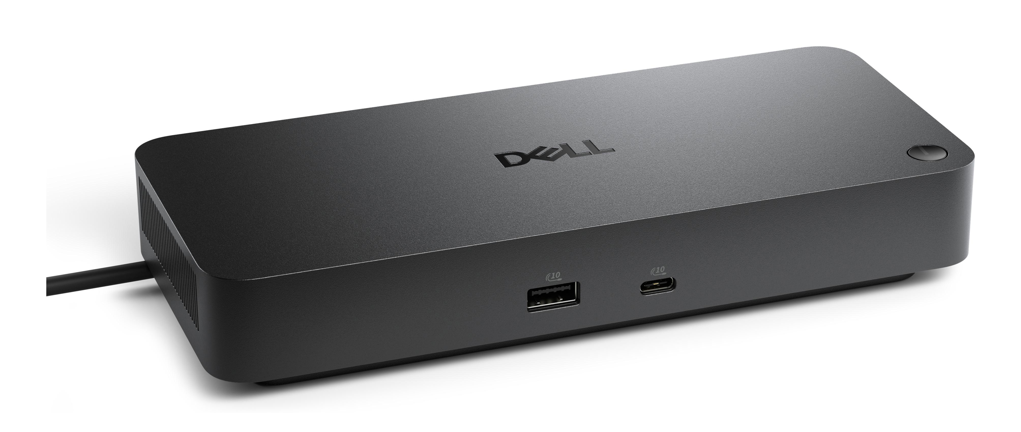 Schwarzer Dell Dockingstation mit USB-A und USB-C Anschlüssen.