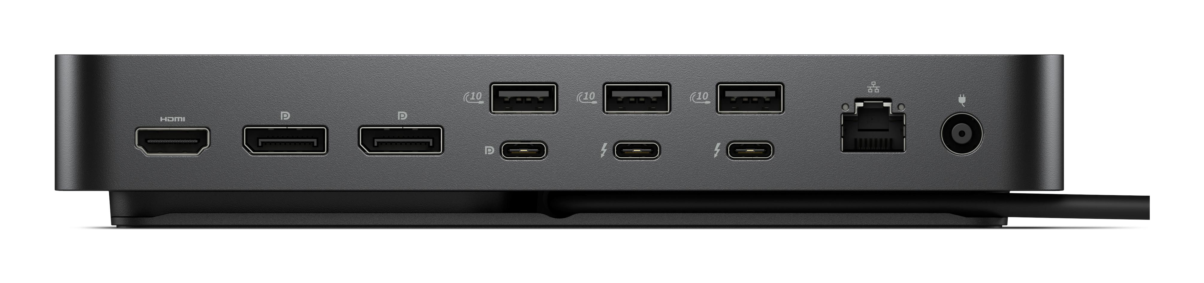 Rückseite eines grauen Docking-Stations mit Anschlüssen: HDMI, DP, USB-A, USB-C, Ethernet, Strom.
