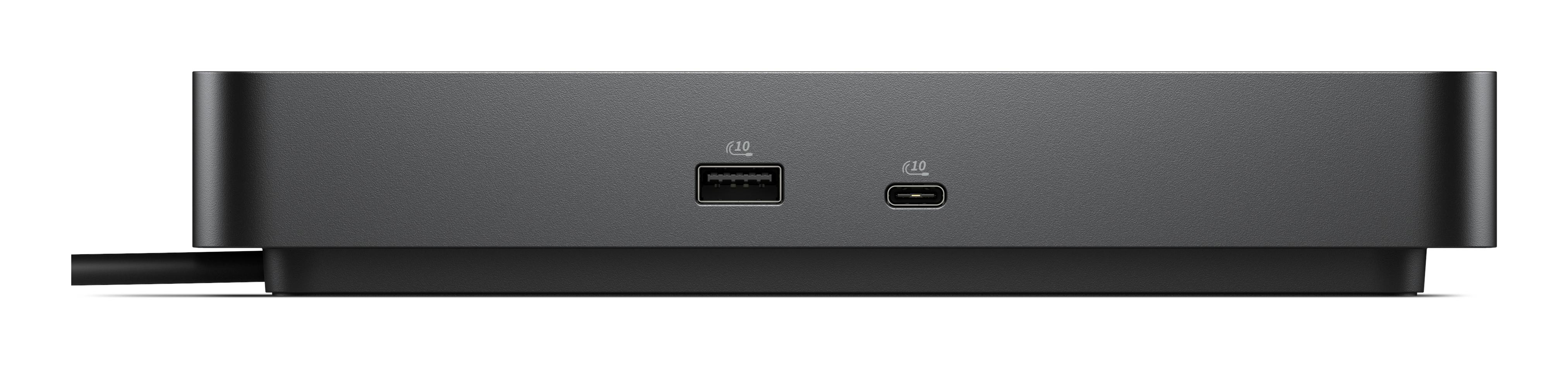 Schwarzes Dock mit USB-A- und USB-C-Anschluss, weißer Hintergrund.