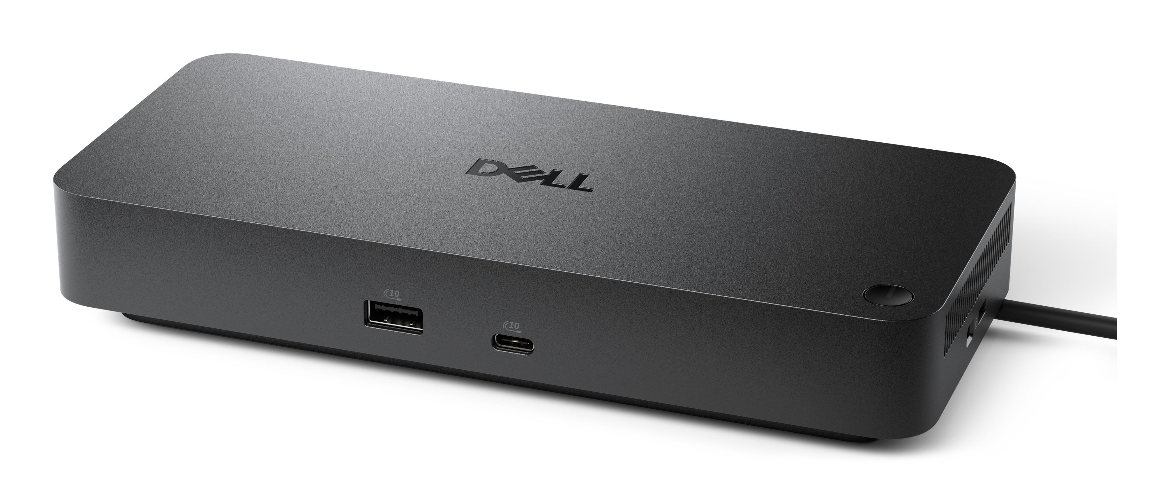 Schwarzer Dell Dockingstation mit USB-A- und USB-C-Ports.