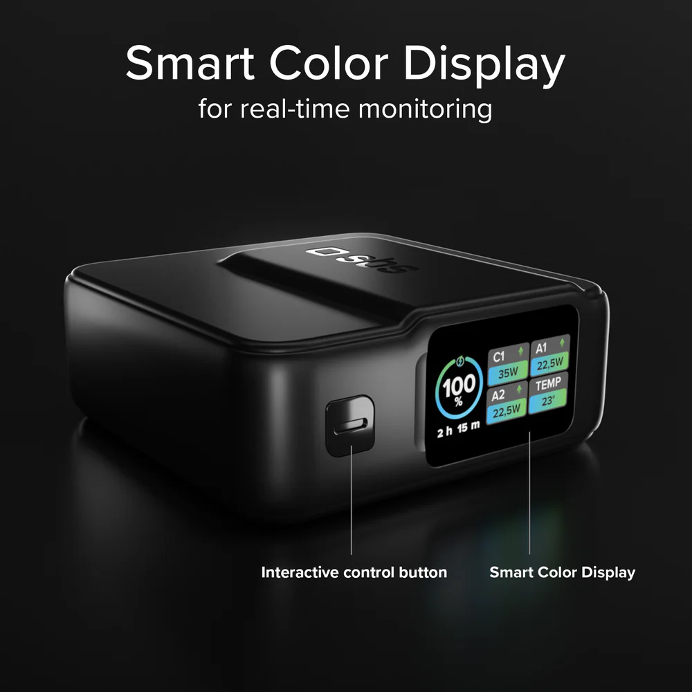 Czarne urządzenie z kolorowym wyświetlaczem pokazuje 100%. Przyciski i dane.