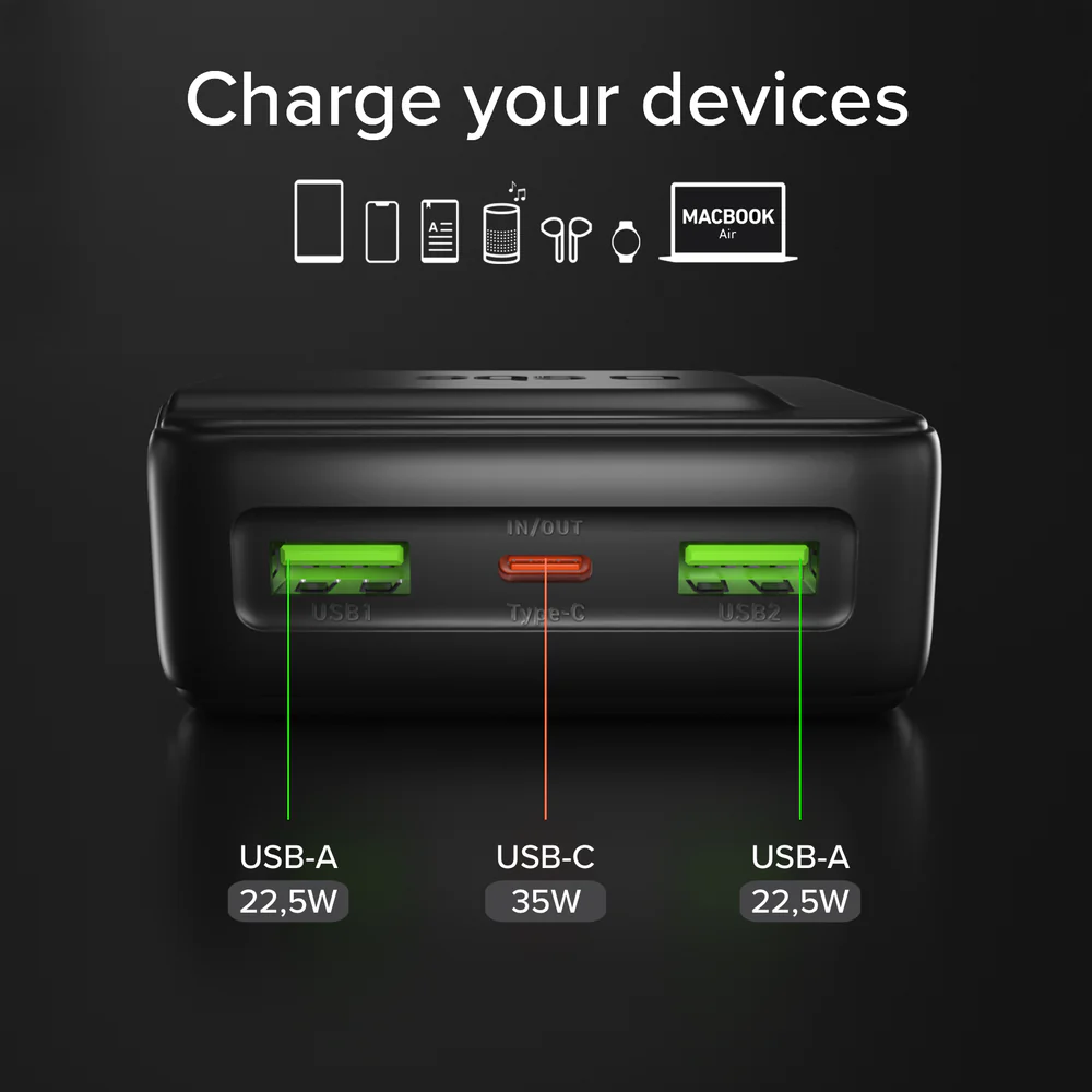 Czarna ładowarka z dwoma portami USB-A i jednym USB-C.