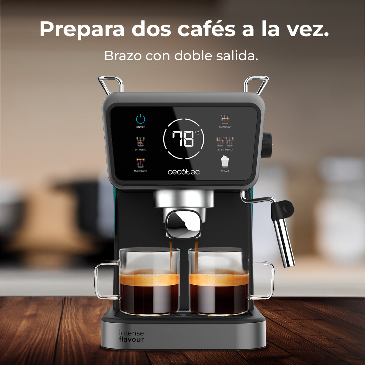 Cafetera prepara dos cafés en vasos. Pantalla digital muestra 78°C.