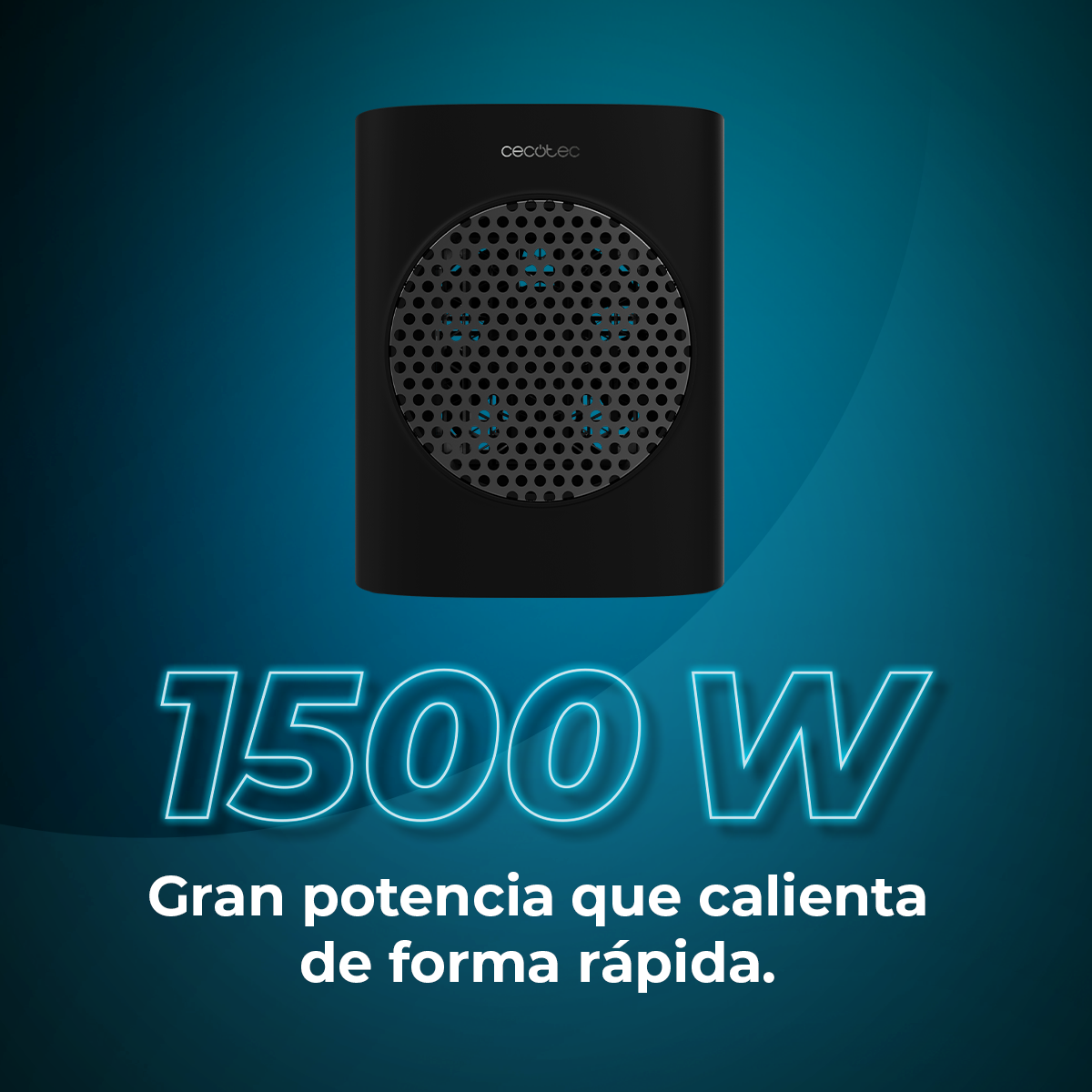 Calentador negro de 1500W, gran potencia para calentar rápido.