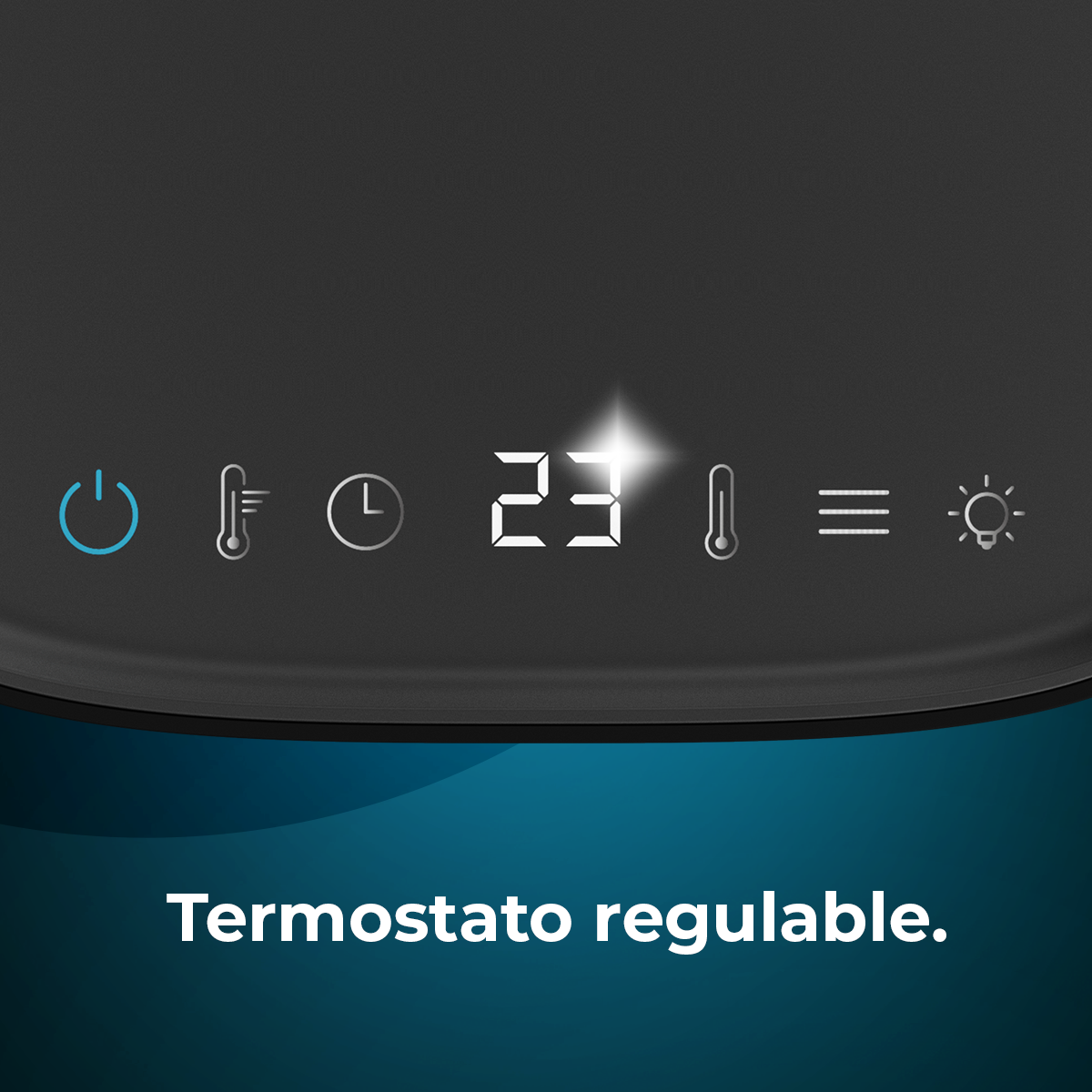 Controles con iconos de encendido, temperatura, temporizador y pantalla LED 23.