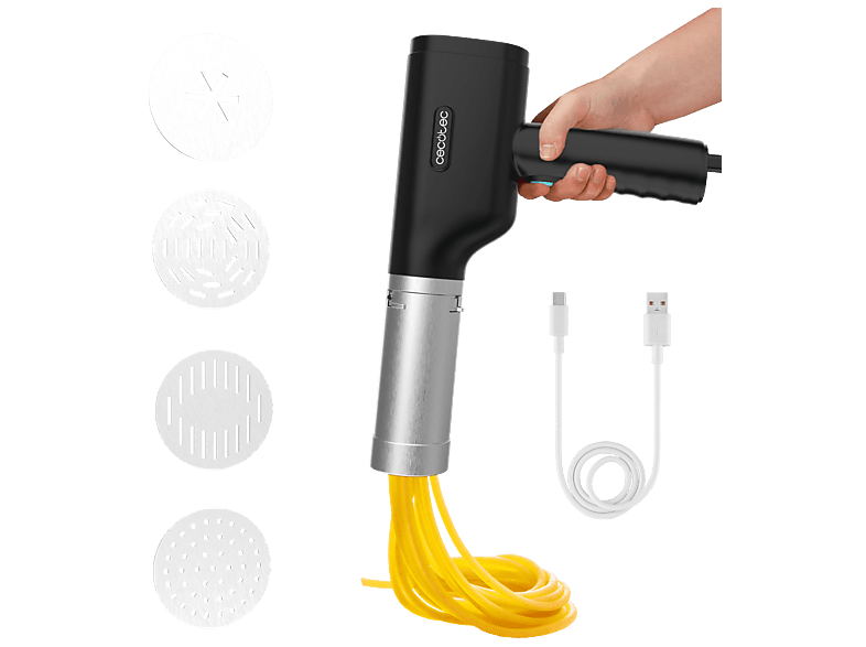 Máquina de pasta - Cecotec Fun EasyPasta, 2 en 1, 40 W, 200 g, Inalámbrica, 3 discos + disco churros, Negro