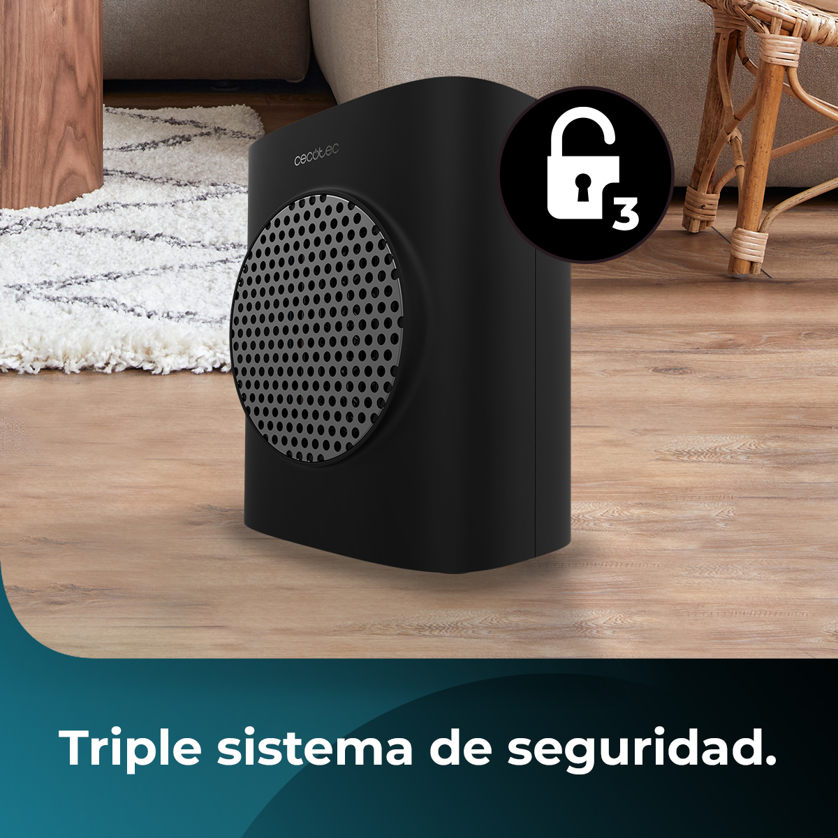 Calefactor negro con icono de candado y el número 3.