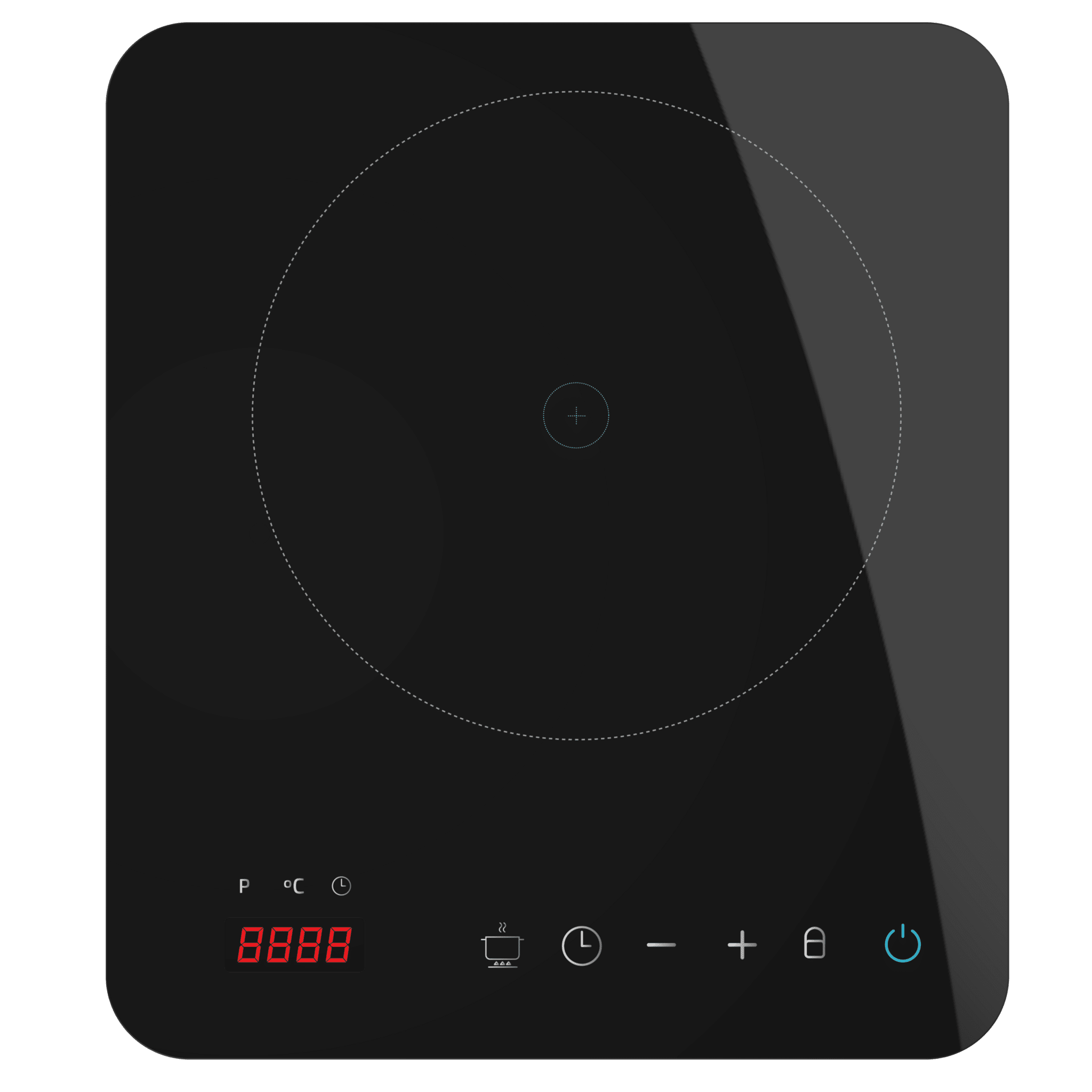Una placa de inducción negra con pantalla digital y botones de control.