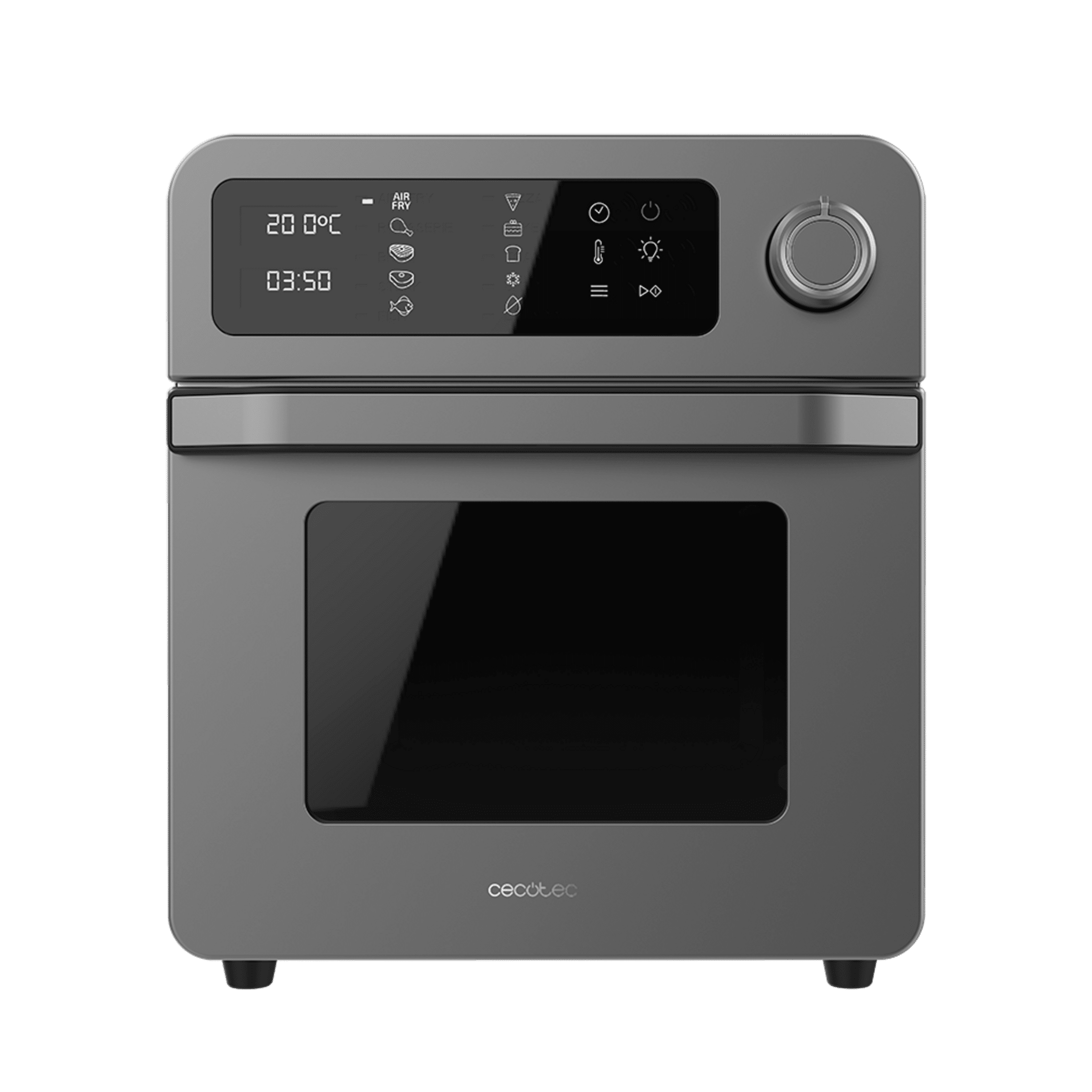 Horno de sobremesa gris con pantalla digital y dial. Muestra 20°C y 03:50.