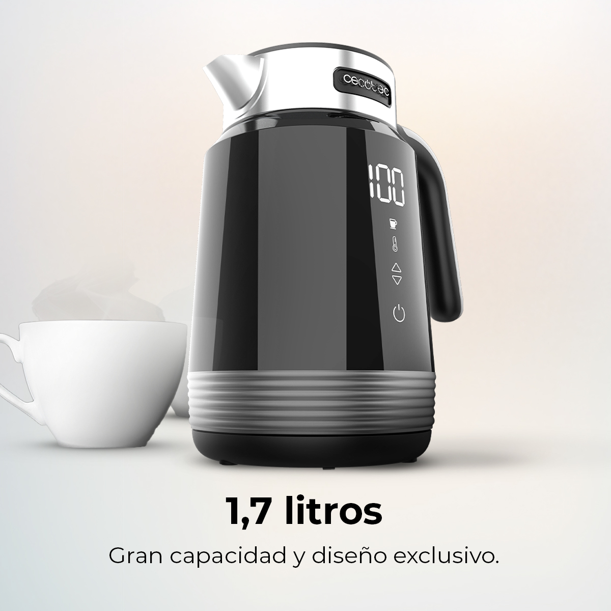 Hervidor eléctrico negro con pantalla digital y taza. Capacidad de 1,7 litros.