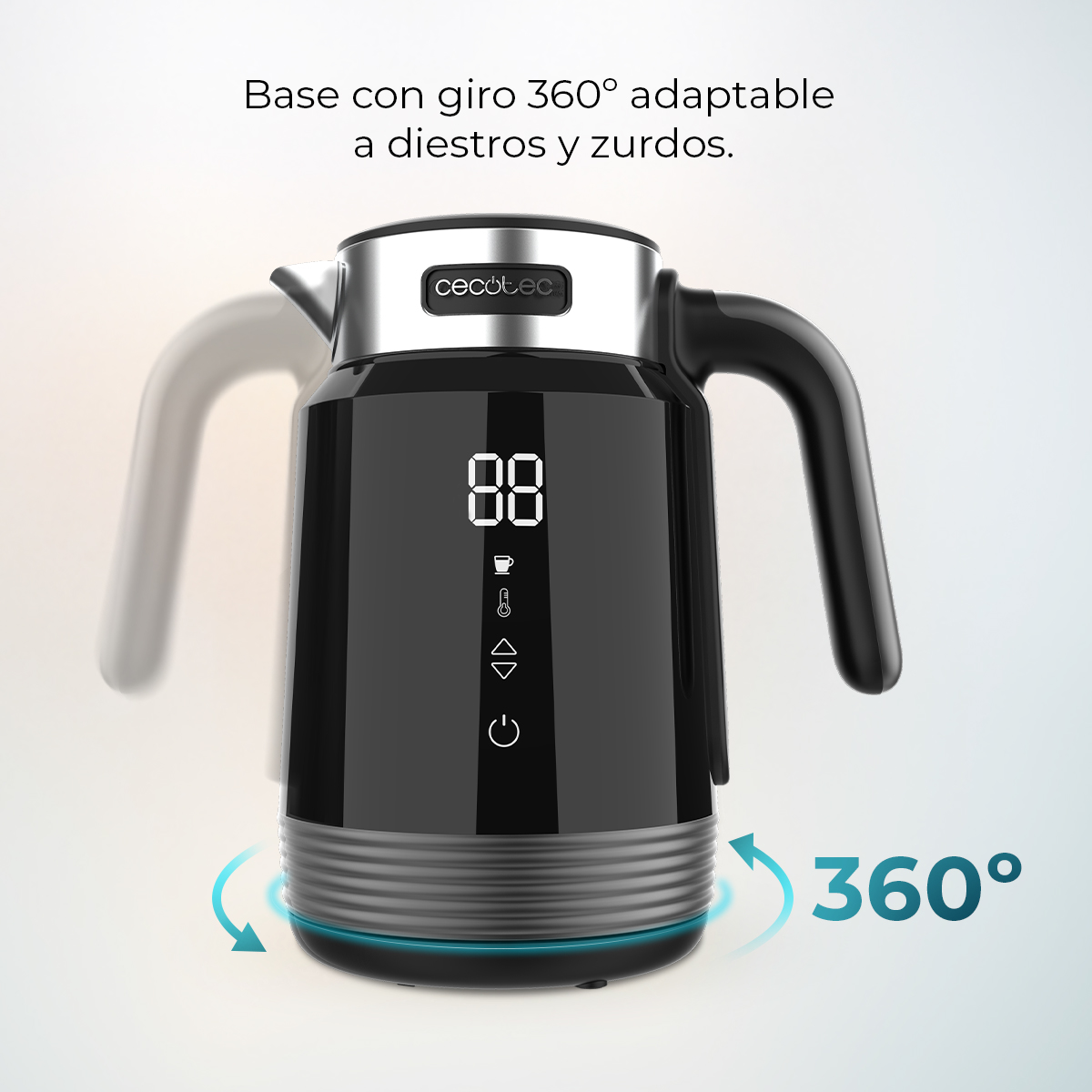 Tetera eléctrica negra con pantalla digital y base giratoria 360°.