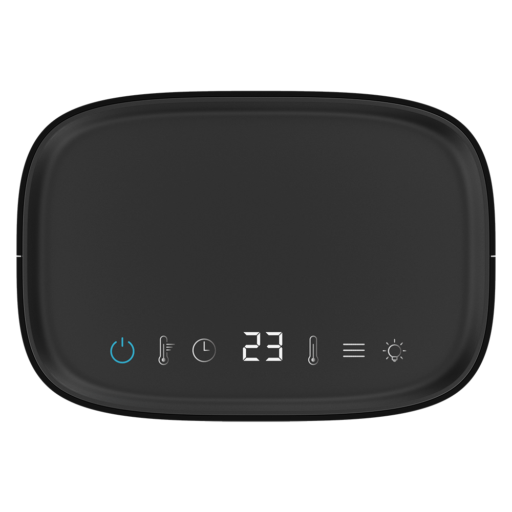 Dispositivo negro con iconos digitales: encendido, termómetro, reloj, 23 grados, termómetro, menú, luz.