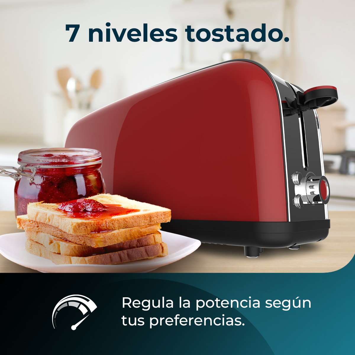 Una tostadora roja con tostadas y mermelada en un plato. Texto: 7 niveles.