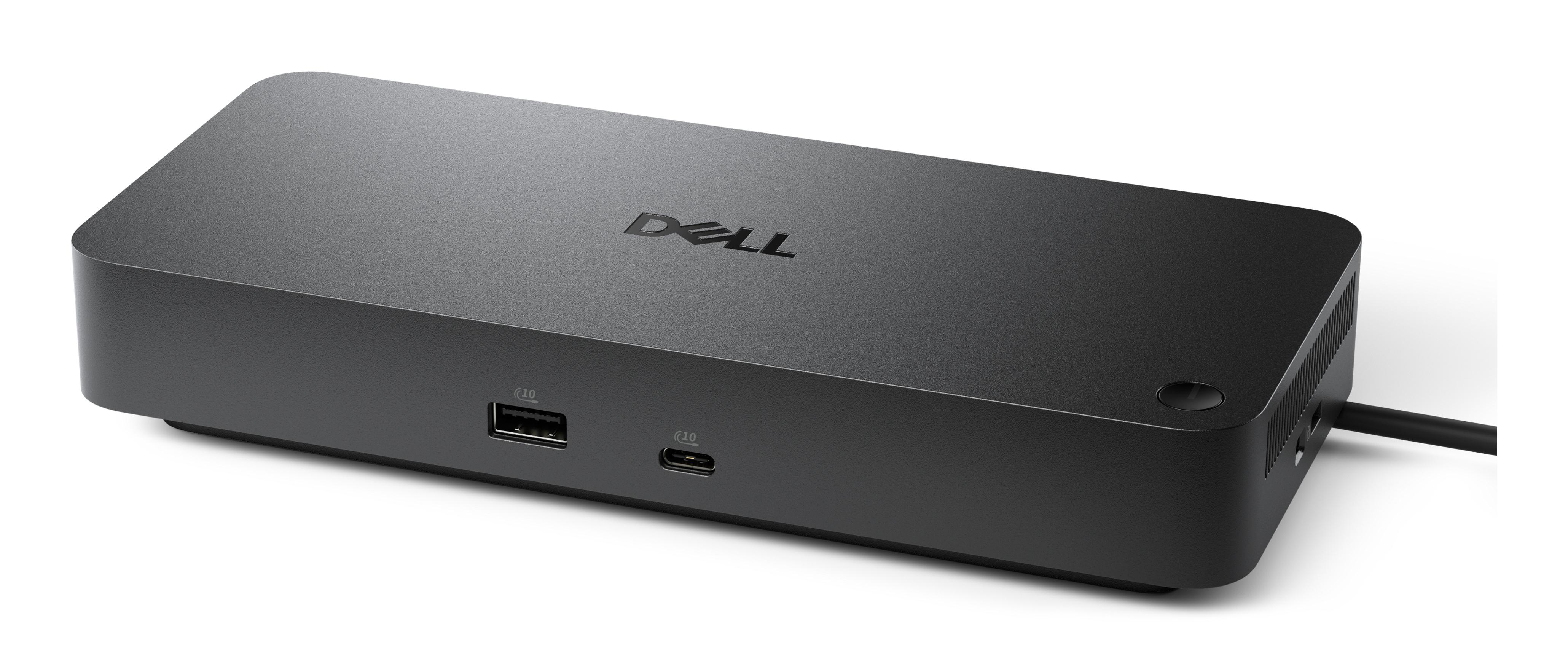 Schwarzer Dell Dockingstation mit USB-A und USB-C Ports. Weißer Hintergrund.