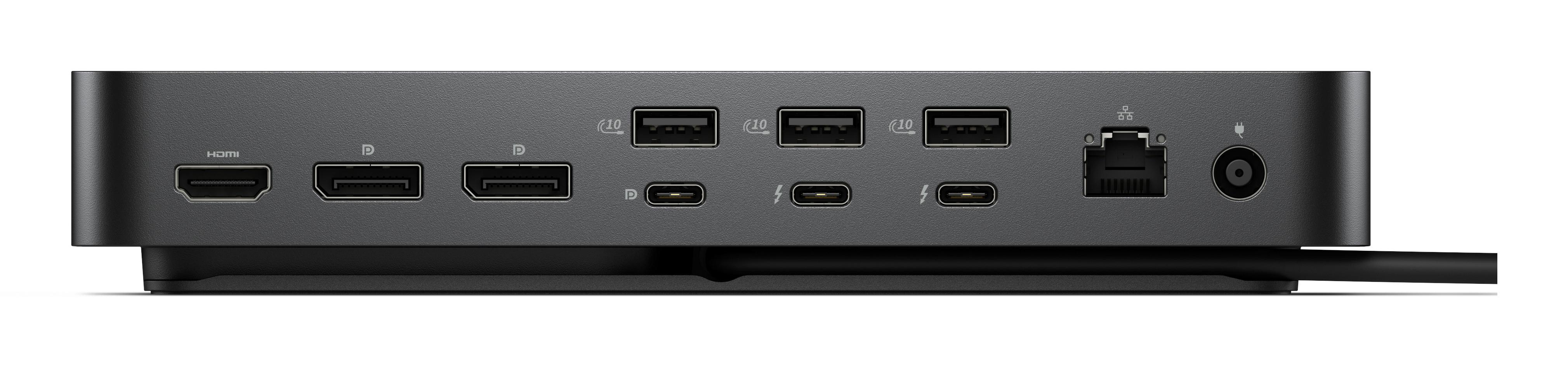 Dunkelgraues Dock mit Anschlüssen: HDMI, DisplayPort, USB-A, USB-C, Ethernet, Strom.